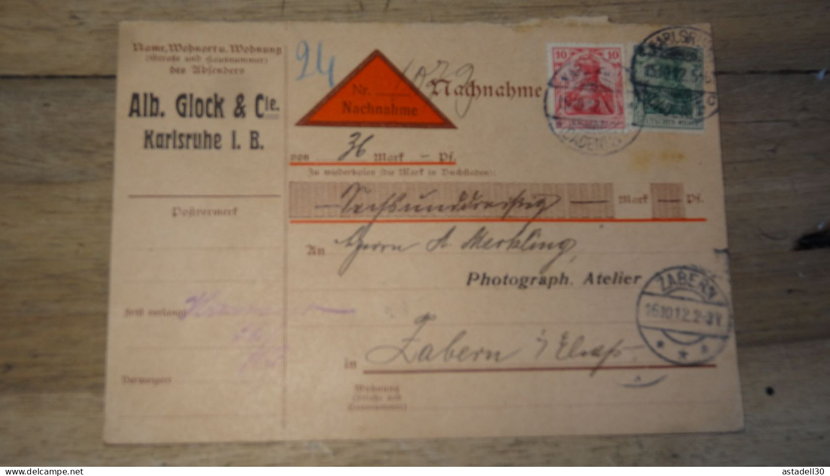 Germany Karlsruhe Pour Zabern 1912   ......... Boite1 ...... 240424-91 - Cartas & Documentos