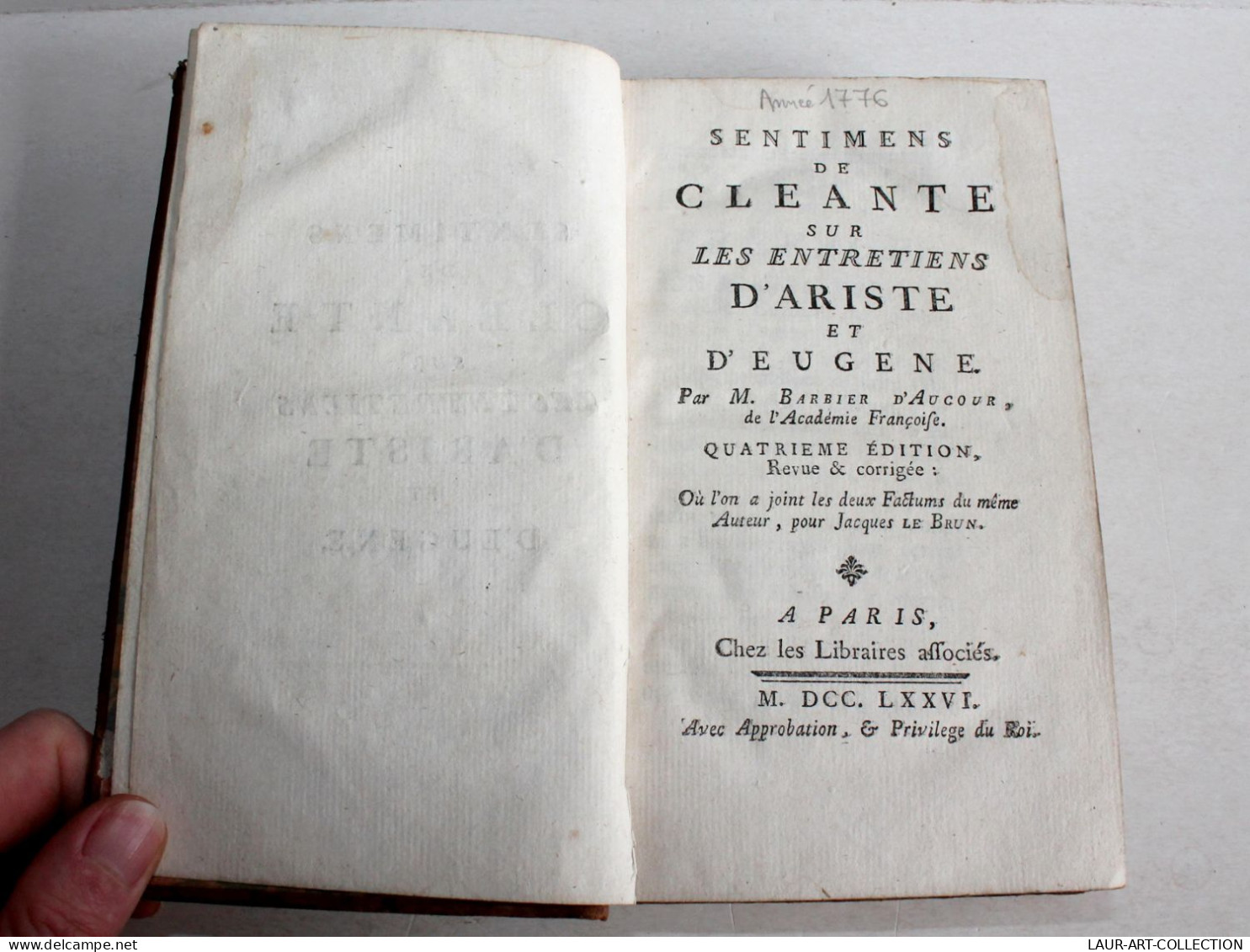 SENTIMENS DE CLEANTE SUR LES ENTRETIENS D'ARISTE & D'EUGENE Par B. D'AUCOUR 1776 / ANCIEN LIVRE XVIIIe SIECLE (2204.13) - 1701-1800