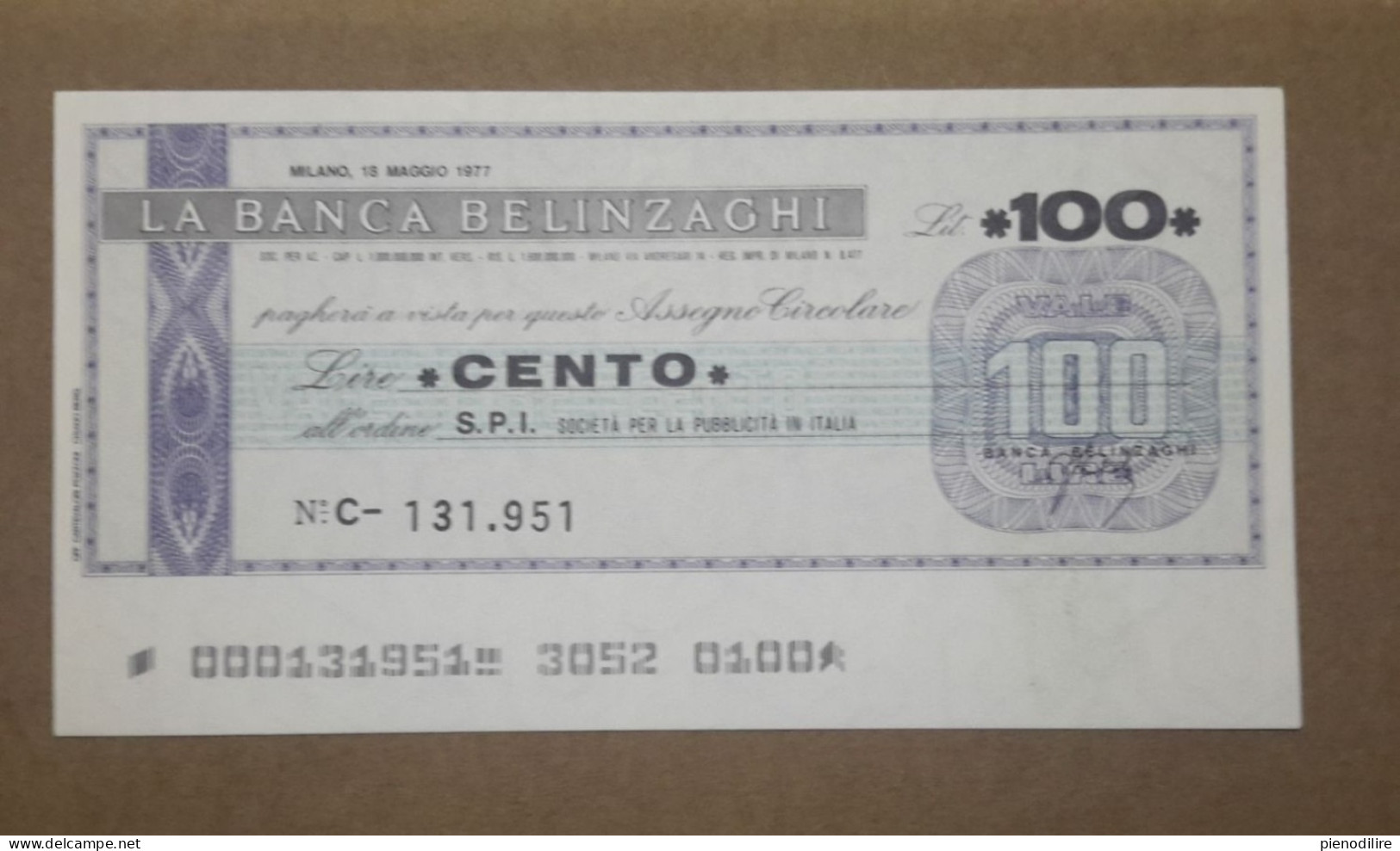 BANCA BELINZAGHI, 100 LIRE 18.05.1977 S.P.I. MILANO (A1.86) - [10] Assegni E Miniassegni