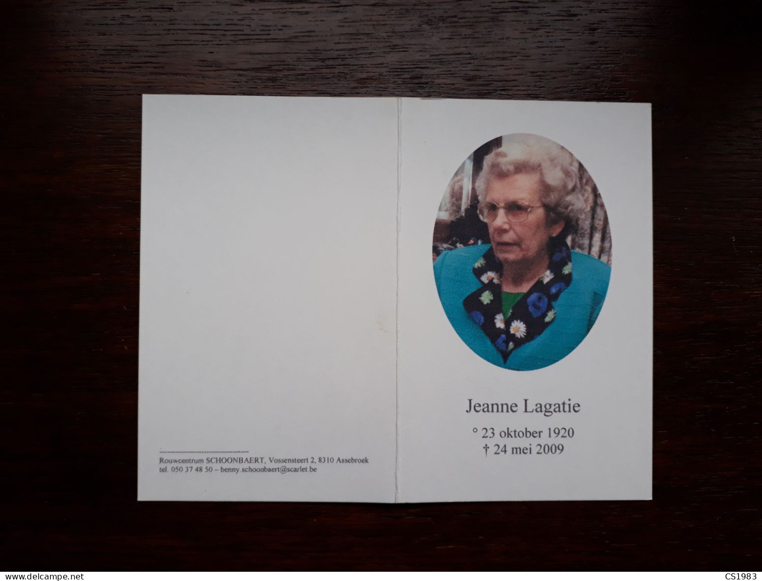 Jeanne Lagatie ° Veurne 1920 + Brugge 2009 - Esquela