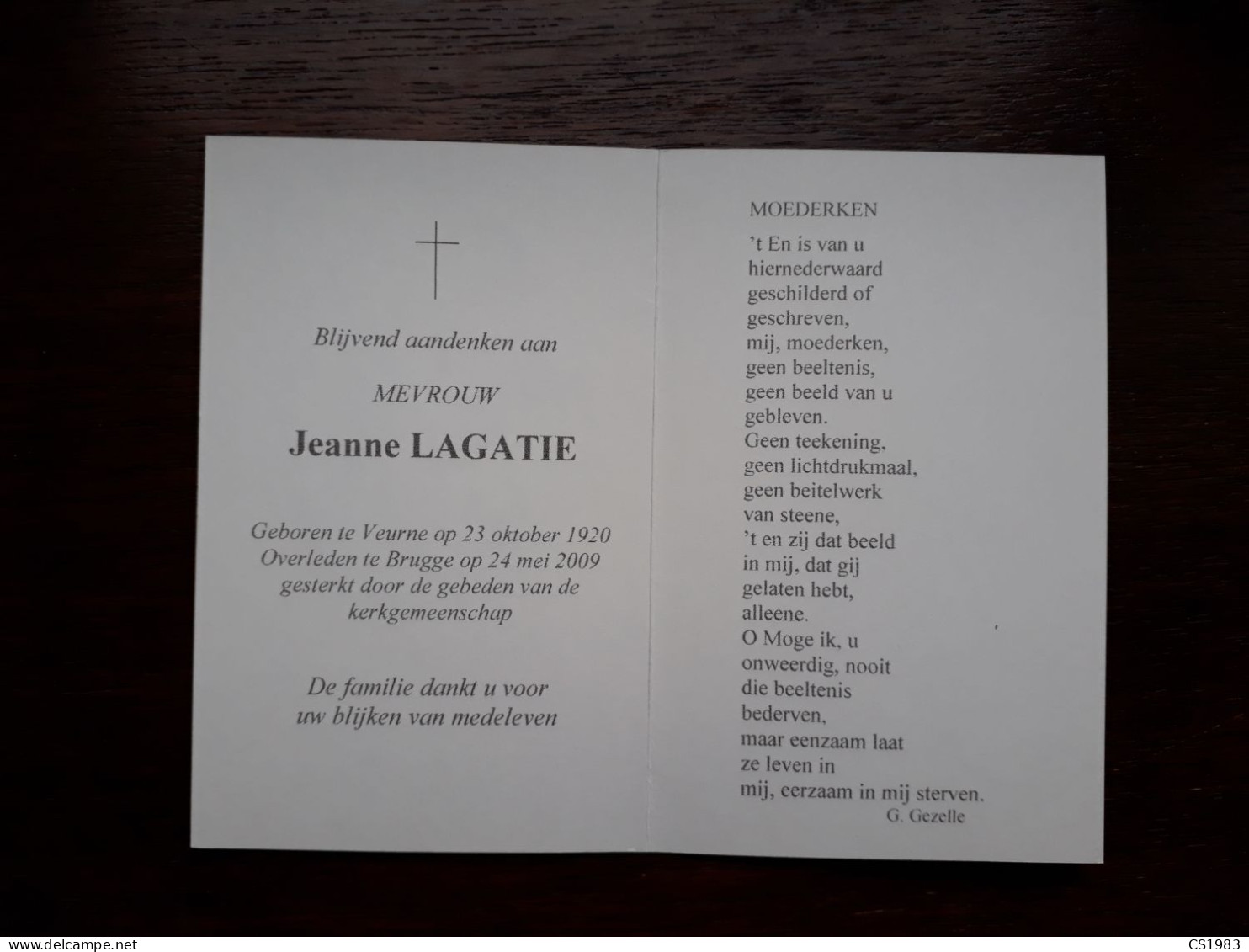 Jeanne Lagatie ° Veurne 1920 + Brugge 2009 - Todesanzeige