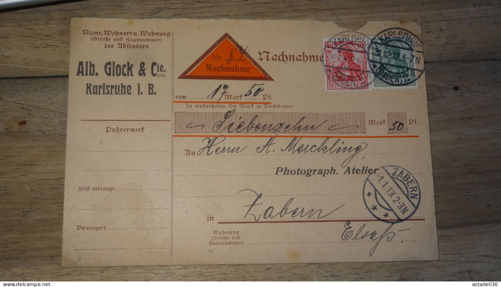 Germany Karlsruhe Pour Zabern 1912   ......... Boite1 ...... 240424-92 - Briefe U. Dokumente