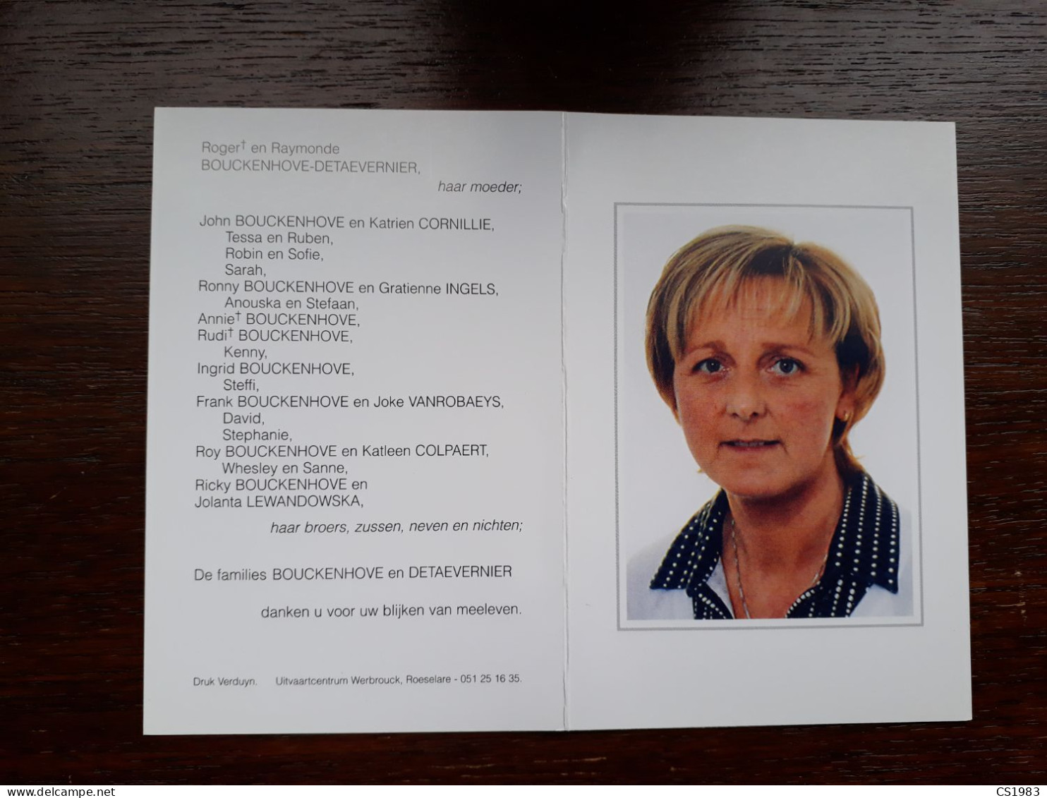 Nancy Bouckenhove ° Roeselare 1965 + Roeselare 2009 (Fam: Detaevernier-Cornillie-Ingels-Vanrobaeys-Colpaert-Lewandowska) - Esquela