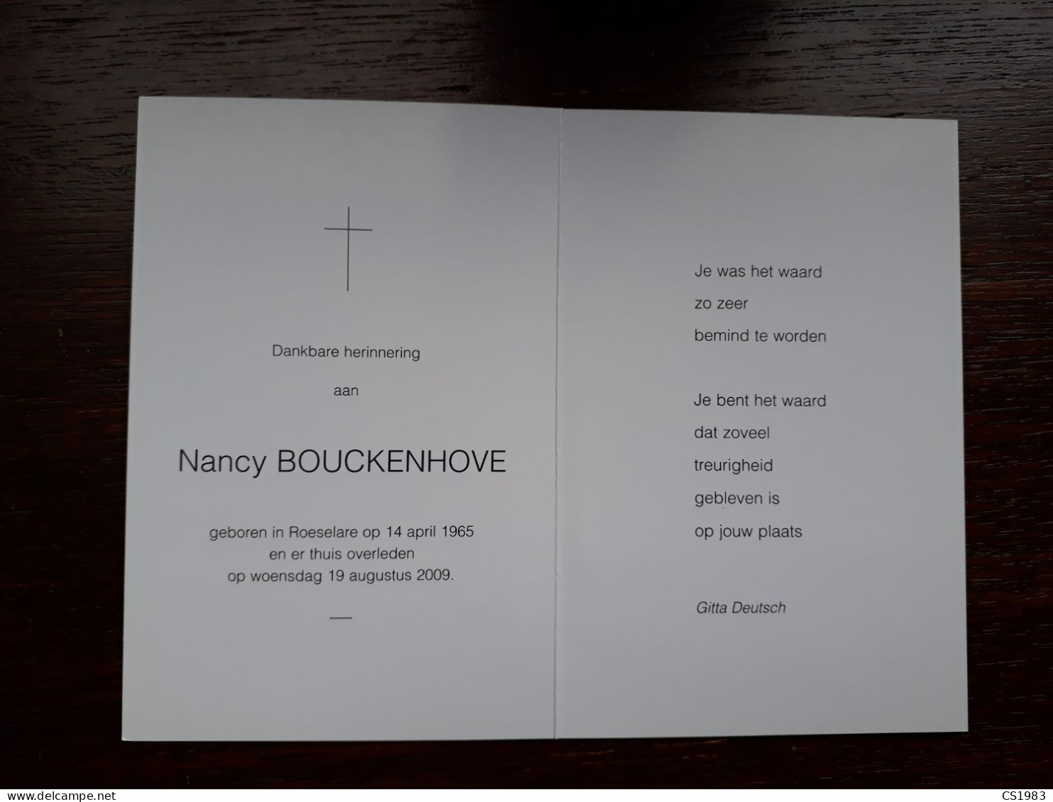 Nancy Bouckenhove ° Roeselare 1965 + Roeselare 2009 (Fam: Detaevernier-Cornillie-Ingels-Vanrobaeys-Colpaert-Lewandowska) - Overlijden