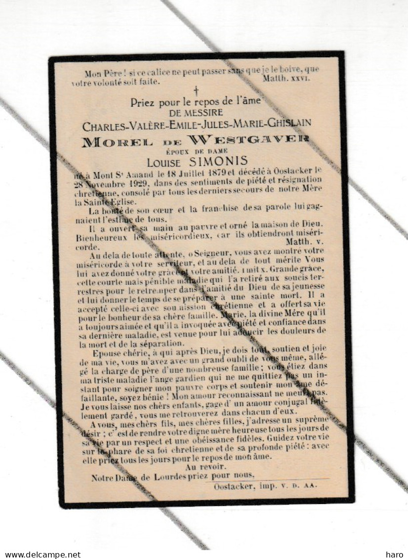 Doodsprentje  Messire Charles MOREL De WESTGAVER ép. De Louise SIMONIS - MONT St AMAND 1879 - OOSTACKER 1929  (B374) - Obituary Notices
