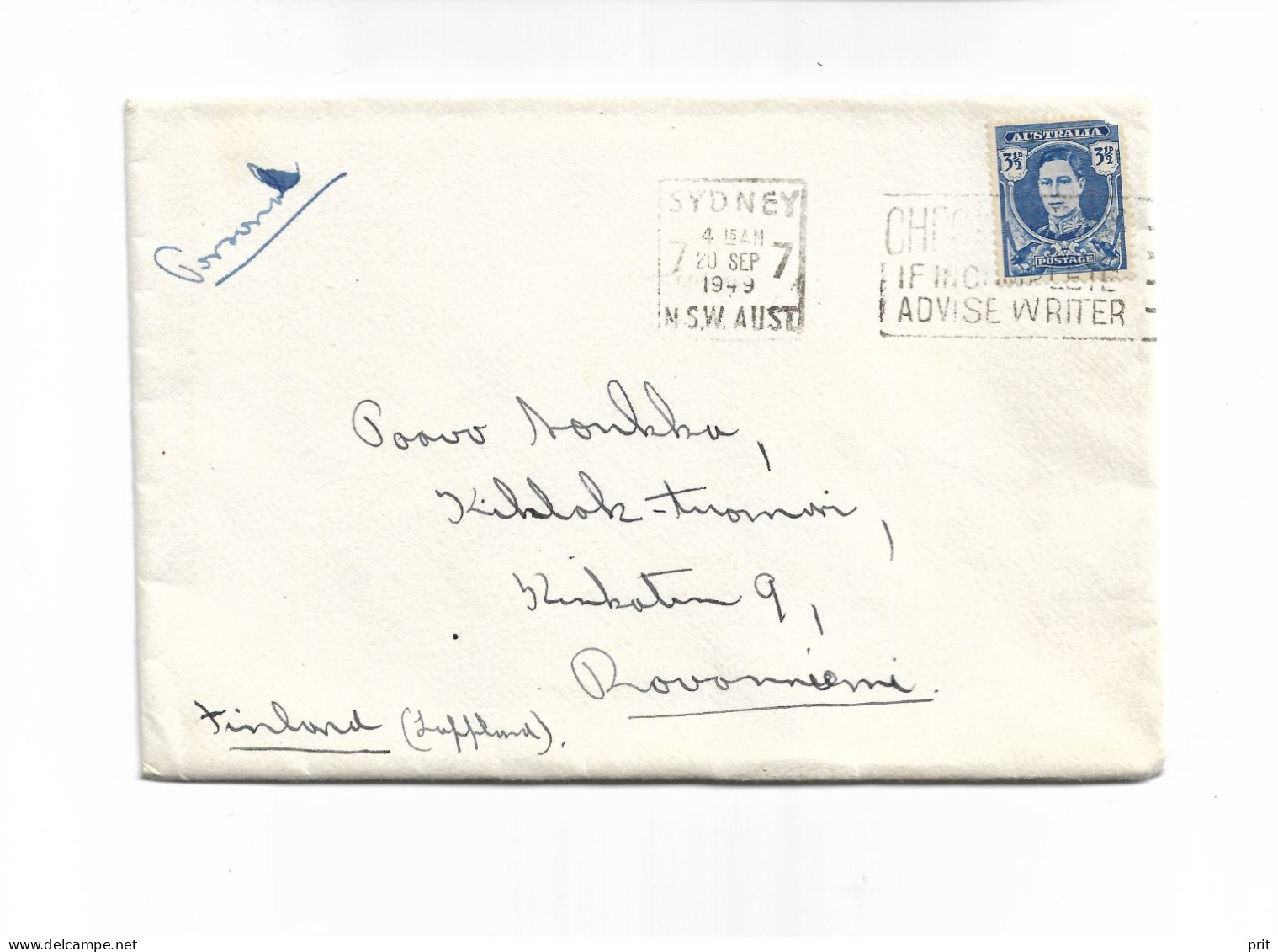 Cover From Sydney Australia To Rovaniemi Lapland Finland 1949 - Cartas & Documentos