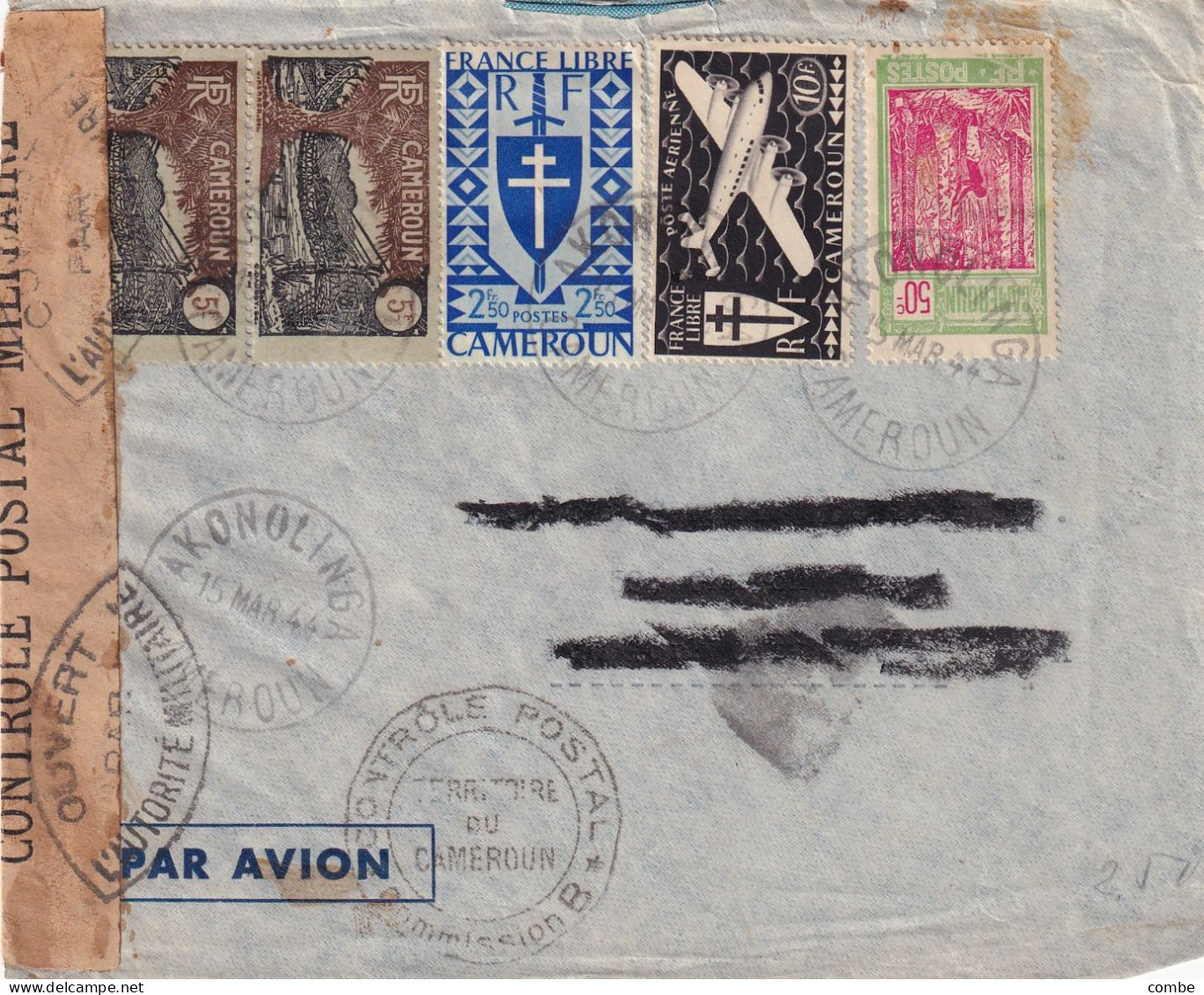 LETTRE. CAMEROUN.15 MARS 1944. PAR AVION AKONOLINGA 23Fr. BANDE + CACHET CENSURE - Covers & Documents