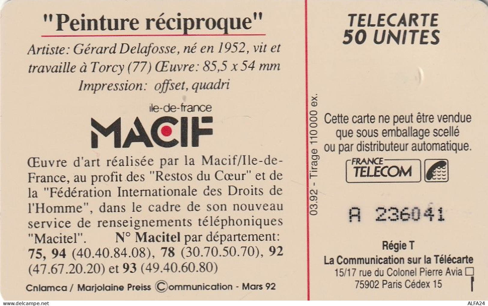 PHONE CARD FRANCIA 1992 (CZ1947 - 1992