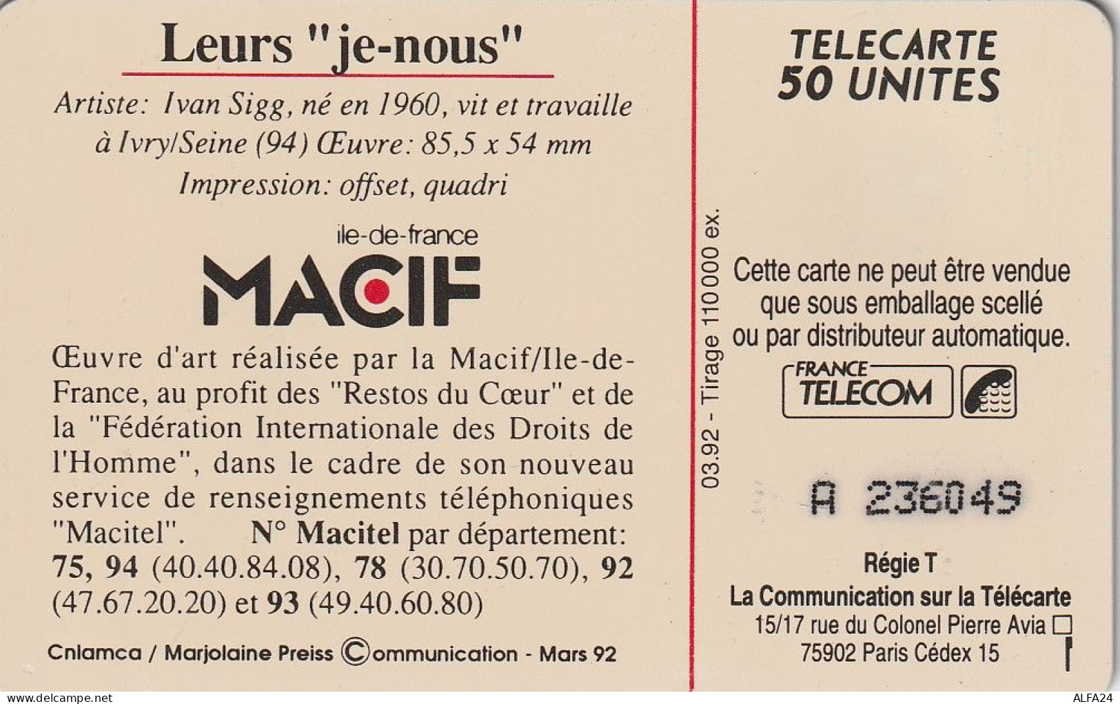 PHONE CARD FRANCIA 1992 (CZ1946 - 1992