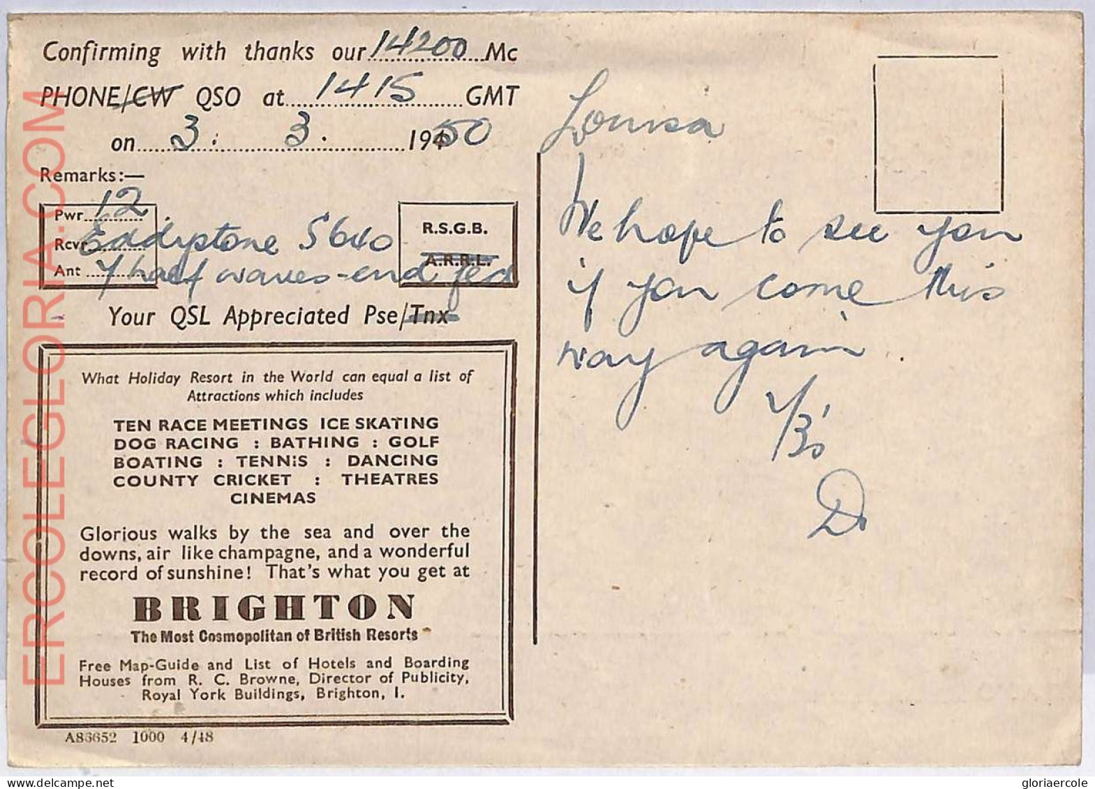 Ad9076 - GREAT BRITAIN - RADIO FREQUENCY CARD - England, Brighton - 1950 - Radio
