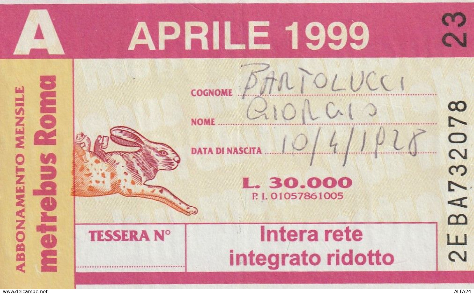 ABBONAMENTO APRILE 1999 ATAC ROMA  (CZ1696 - Europe