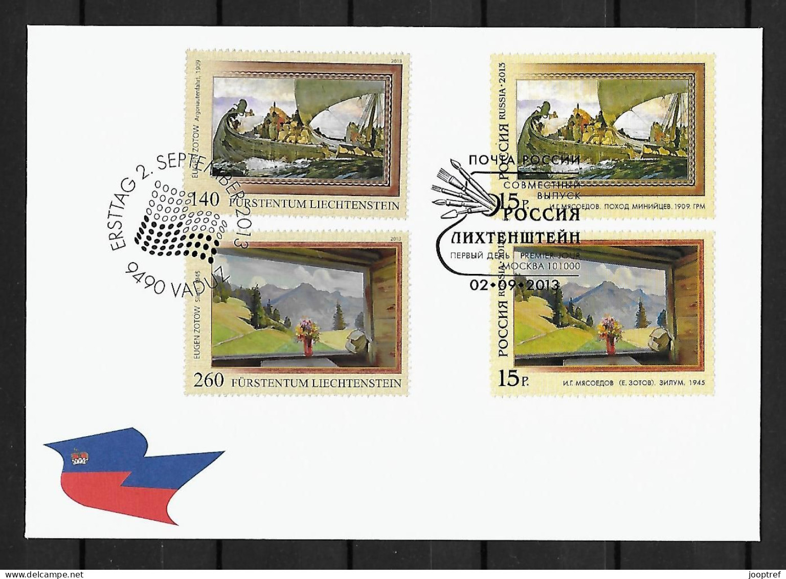 2013 Joint Liechtenstein And Russia, OFFICIAL MIXED FDC WITH 2+2 STAMPS: Painter Eugen Zotov - Emisiones Comunes