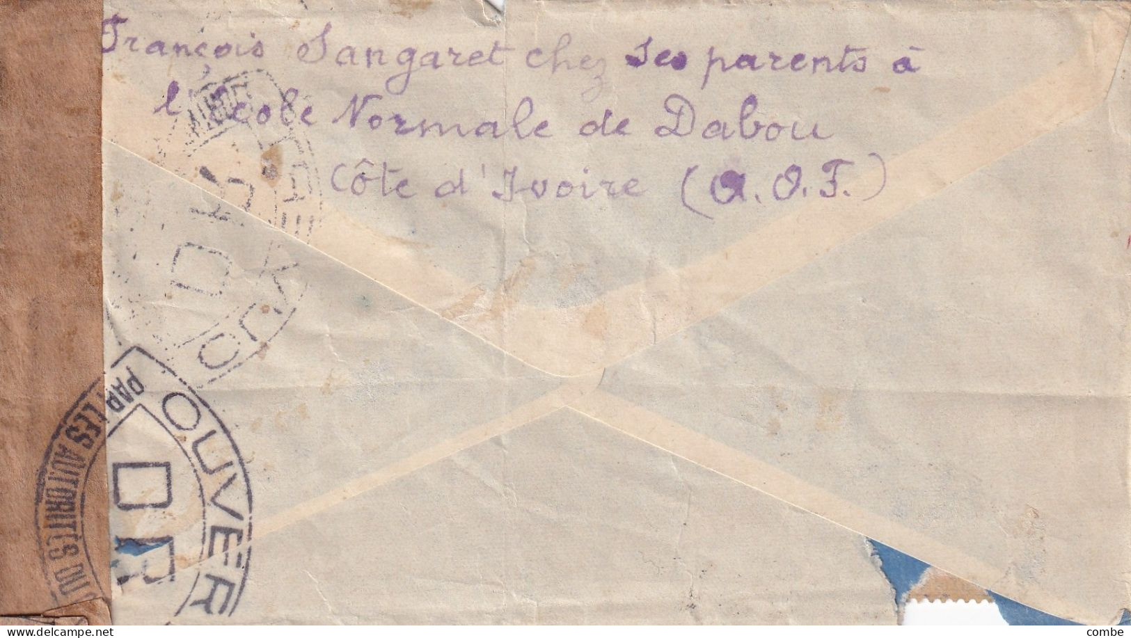 LETTRE. COTE D'IVOIRE. 1944. DABOU POUR DIJON.  BANDE + CACHET CENSURE - Brieven En Documenten