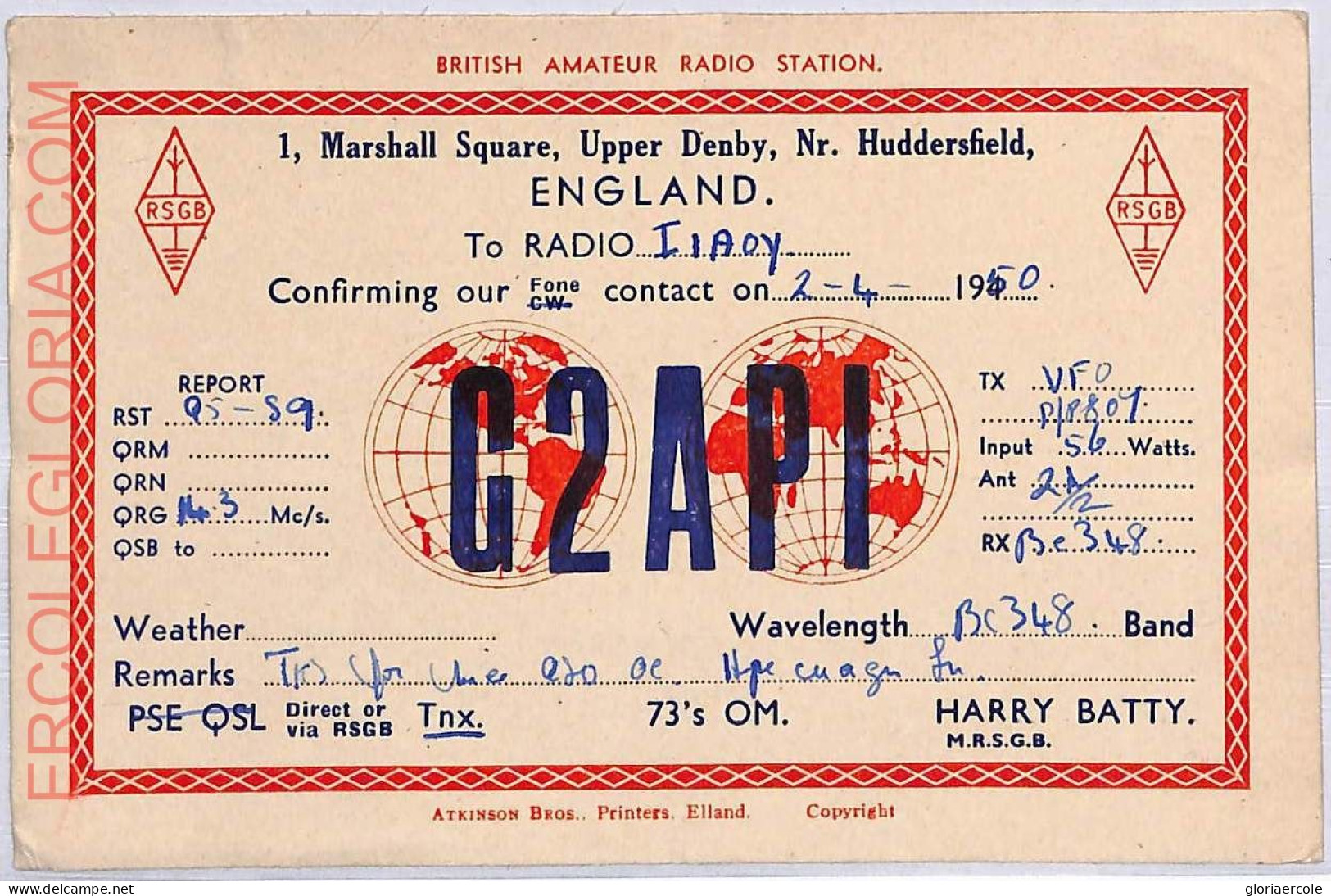 Ad9078 - GREAT BRITAIN - RADIO FREQUENCY CARD - England - 1950 - Radio