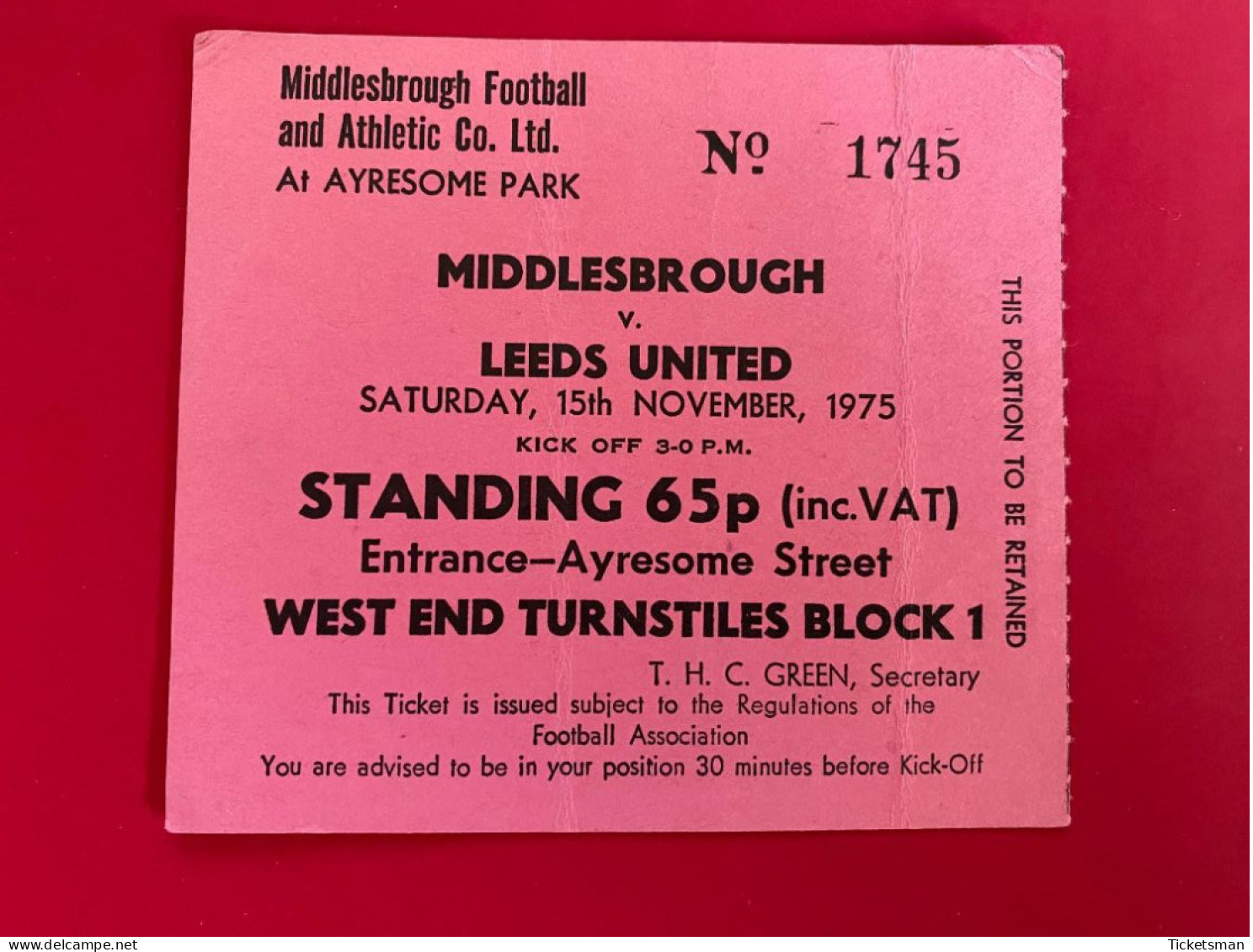 Football Ticket Billet Jegy Biglietto Eintrittskarte Middlesborough - Leeds United 15/11/1975 - Tickets - Entradas