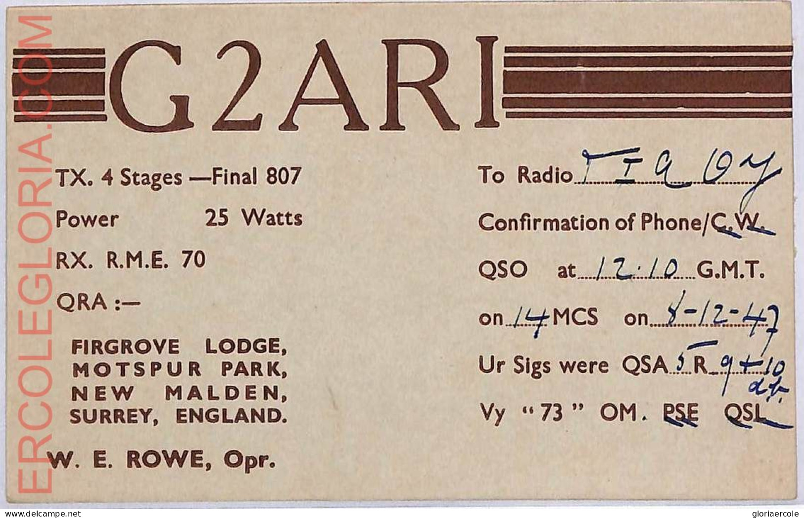 Ad9079 - GREAT BRITAIN - RADIO FREQUENCY CARD - England - 1947 - Radio