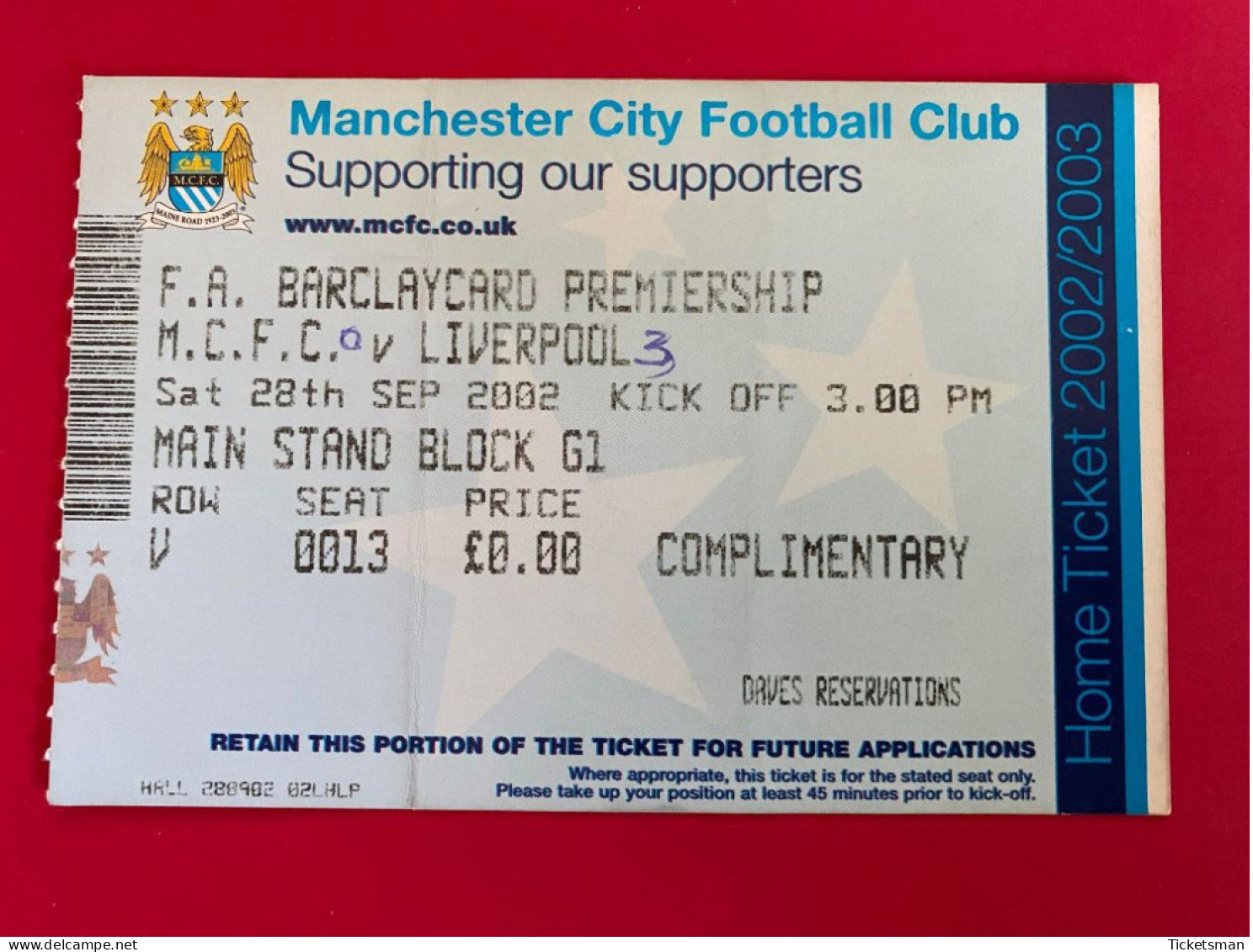 Football Ticket Billet Jegy Biglietto Eintrittskarte Manchester City - Liverpool FC 28/09/2002 - Tickets - Entradas