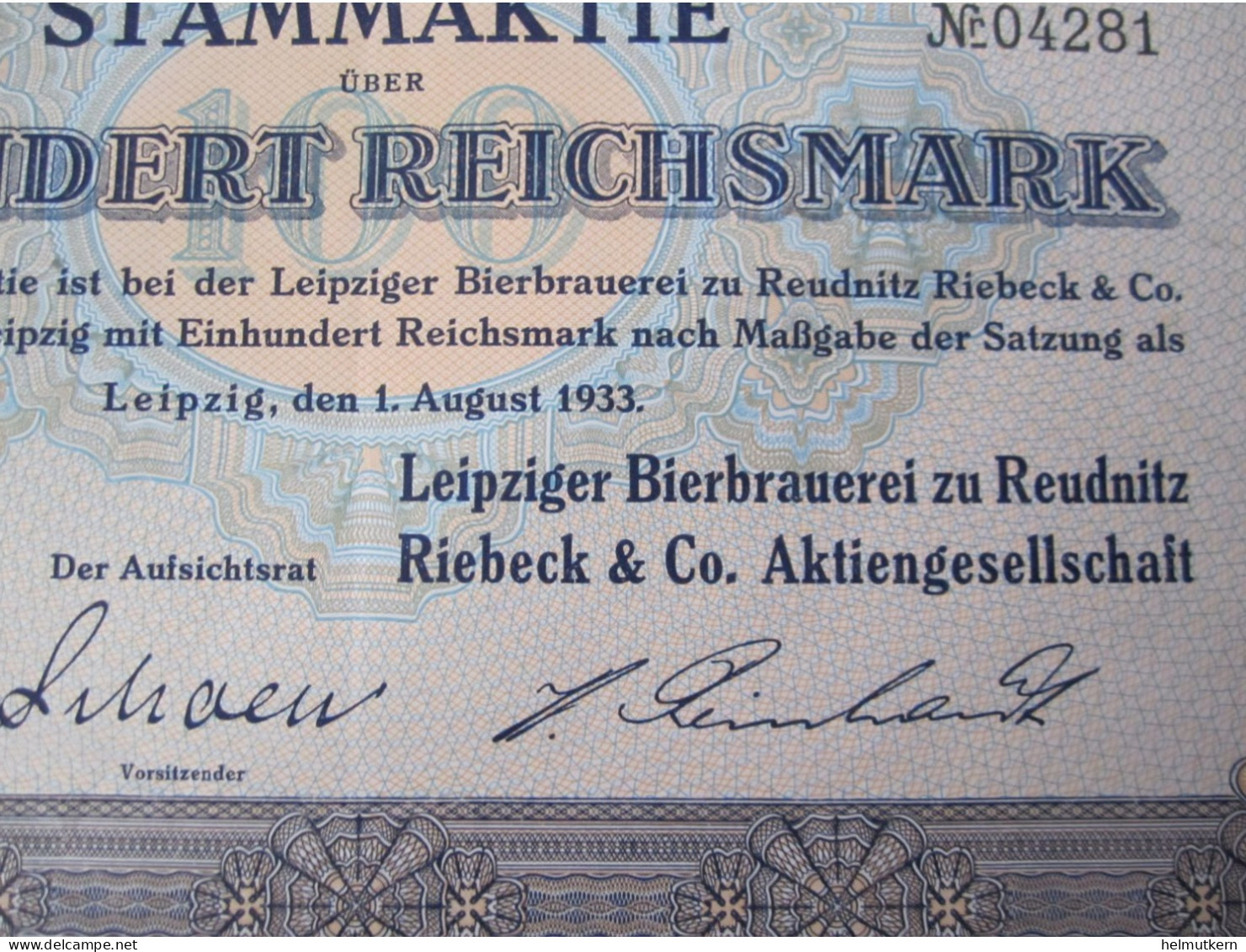 Aktie - Leipzig - Bierbrauerei Zu Reudnitz - Riebeck & Co. - 100 RM - 1933 - Autres & Non Classés