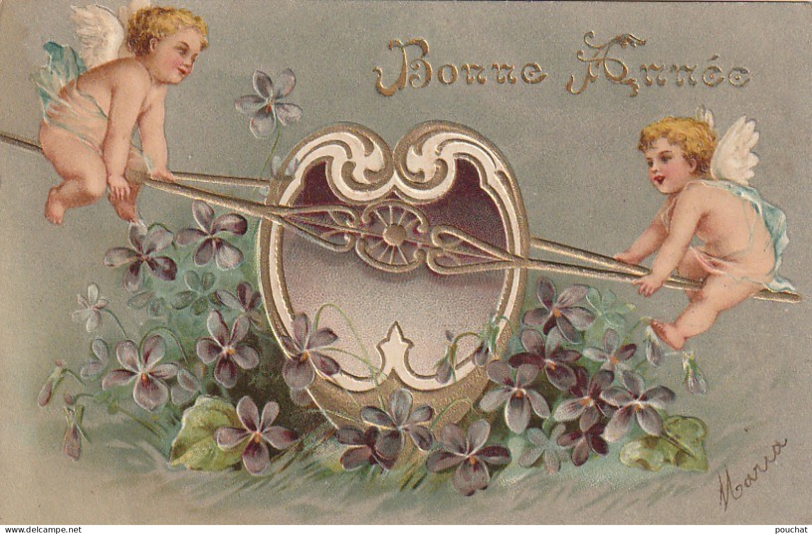 HO 22 - CARTE  GAUFREE  " BONNE  ANNEE " - ANGELOTS SUR AIGUILLES ET COEUR DORE AVEC LIT DE VIOLETTES - 2 SCANS  - New Year