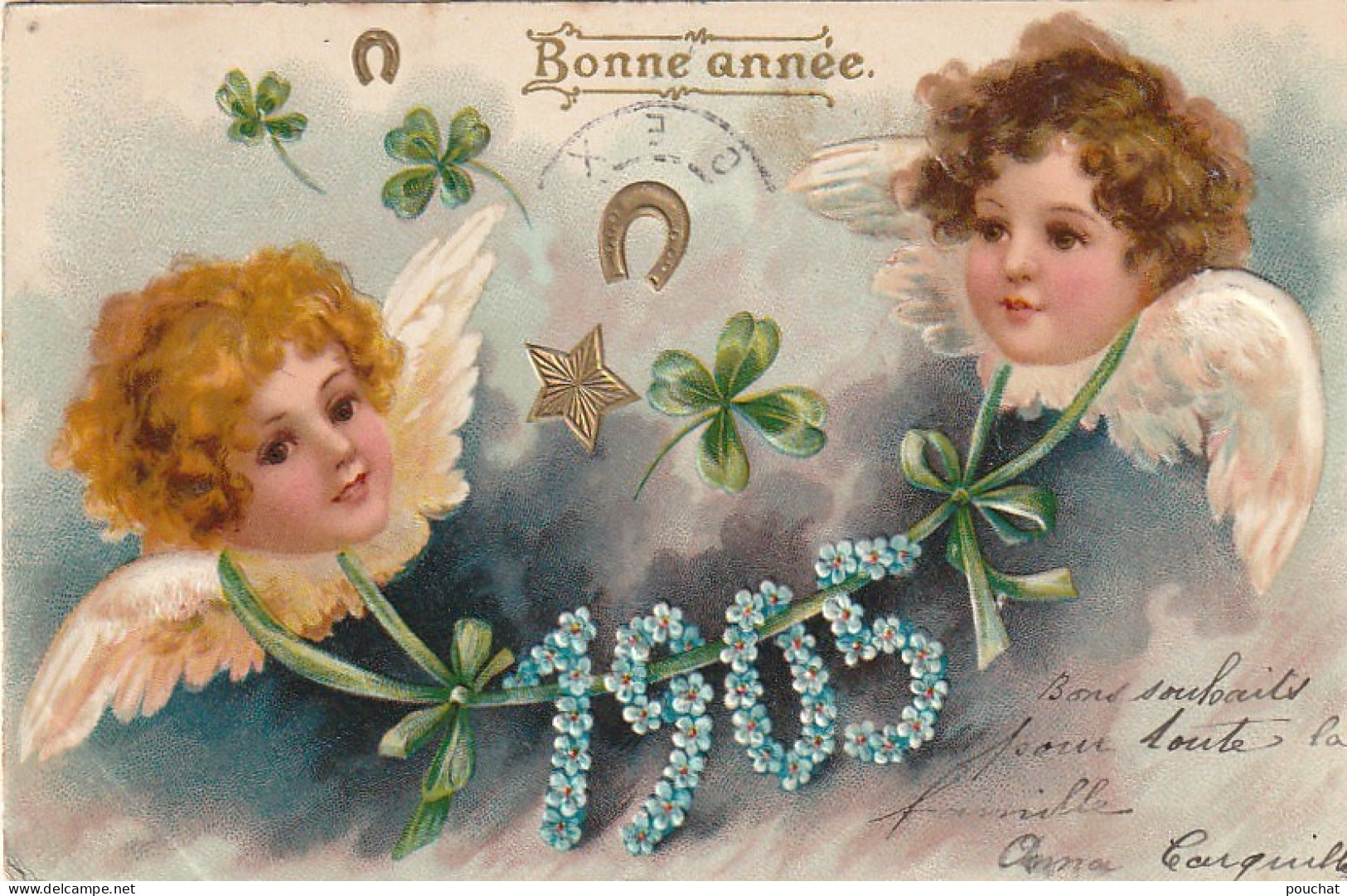 HO 22 - CARTE  GAUFREE " BONNE  ANNEE  1905" - VISAGES D'ANGELOTS AVEC TREFLES , FER A CHEVAL ET ETOILE DORES- 2 SCANS  - Nieuwjaar