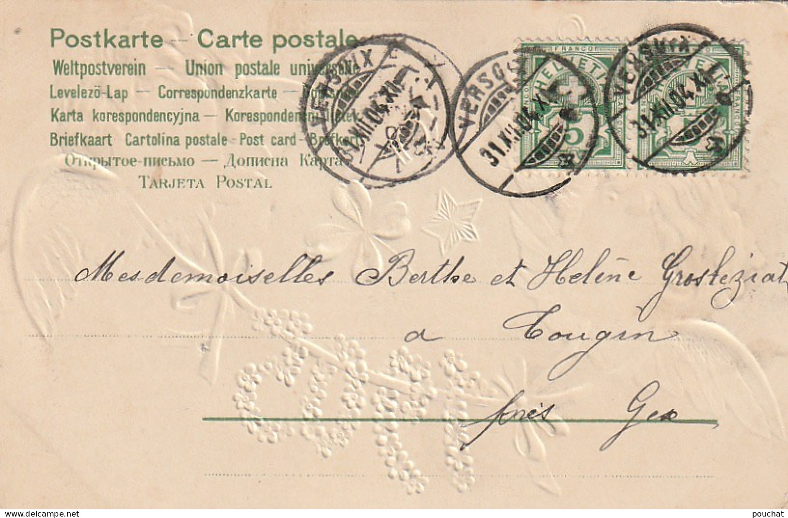 HO 22 - CARTE  GAUFREE " BONNE  ANNEE  1905" - VISAGES D'ANGELOTS AVEC TREFLES , FER A CHEVAL ET ETOILE DORES- 2 SCANS  - Neujahr