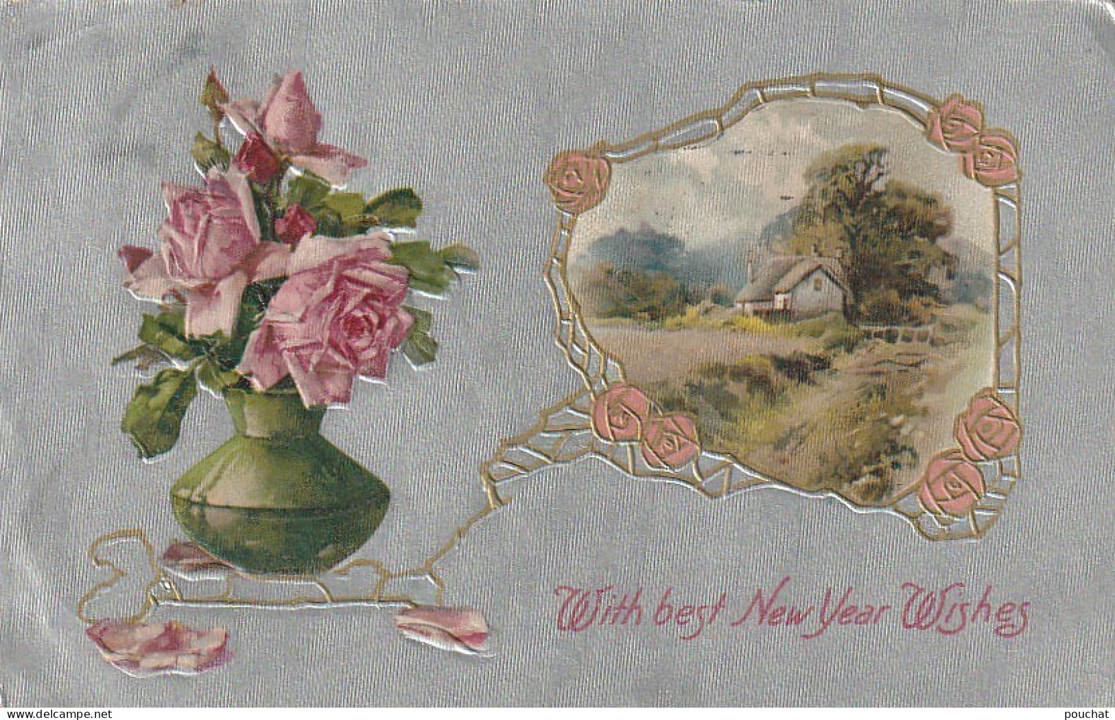 HO 22 - CARTE GAUFREE FANTAISIE " WITH BEST NEW YEAR WISHES " -VASE DE ROSES ET VUE CHAMPETRE SUR FOND ARGENTE- 2 SCANS  - Neujahr