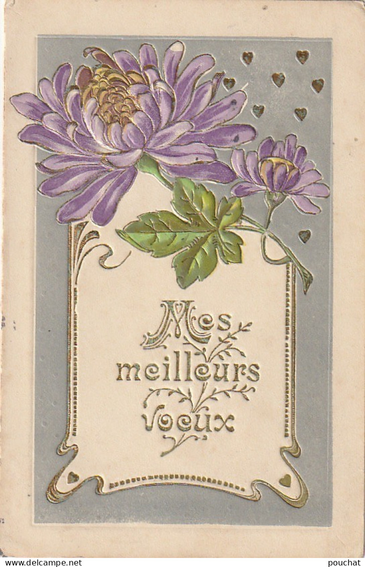 HO 22 - CARTE GAUFREE FANTAISIE  "MES MEILLEURS VOEUX" -  PARCHEMIN AVEC DAHLIAS - COEURS DORES  - 2 SCANS  - Nieuwjaar