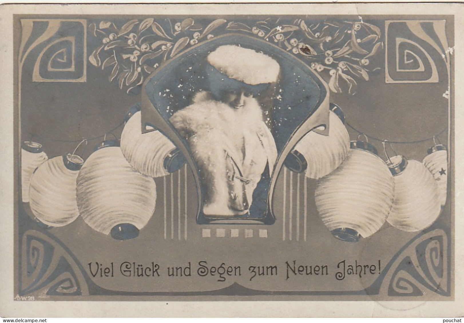 HO 23 - CARTE   STYLE ART NOUVEAU  " VIEL GLUCK .. JAHRE " - PORTRAIT DE FEMME AU MILIEU DE LAMPIONS ET GUI - 2 SCANS - Neujahr