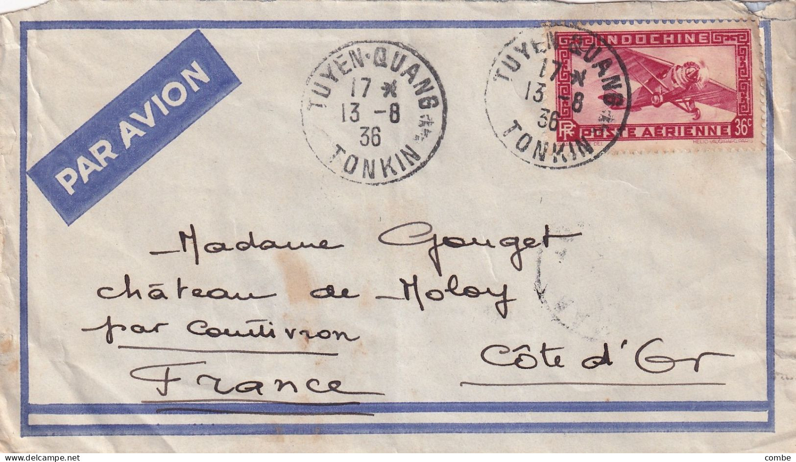 LETTRE. INDOCHINE. 13 AOUT 1936. TUYEN-QUANG. TONKIN. POUR CHATEAU DE MOLOY. COTE D'OR - Lettres & Documents