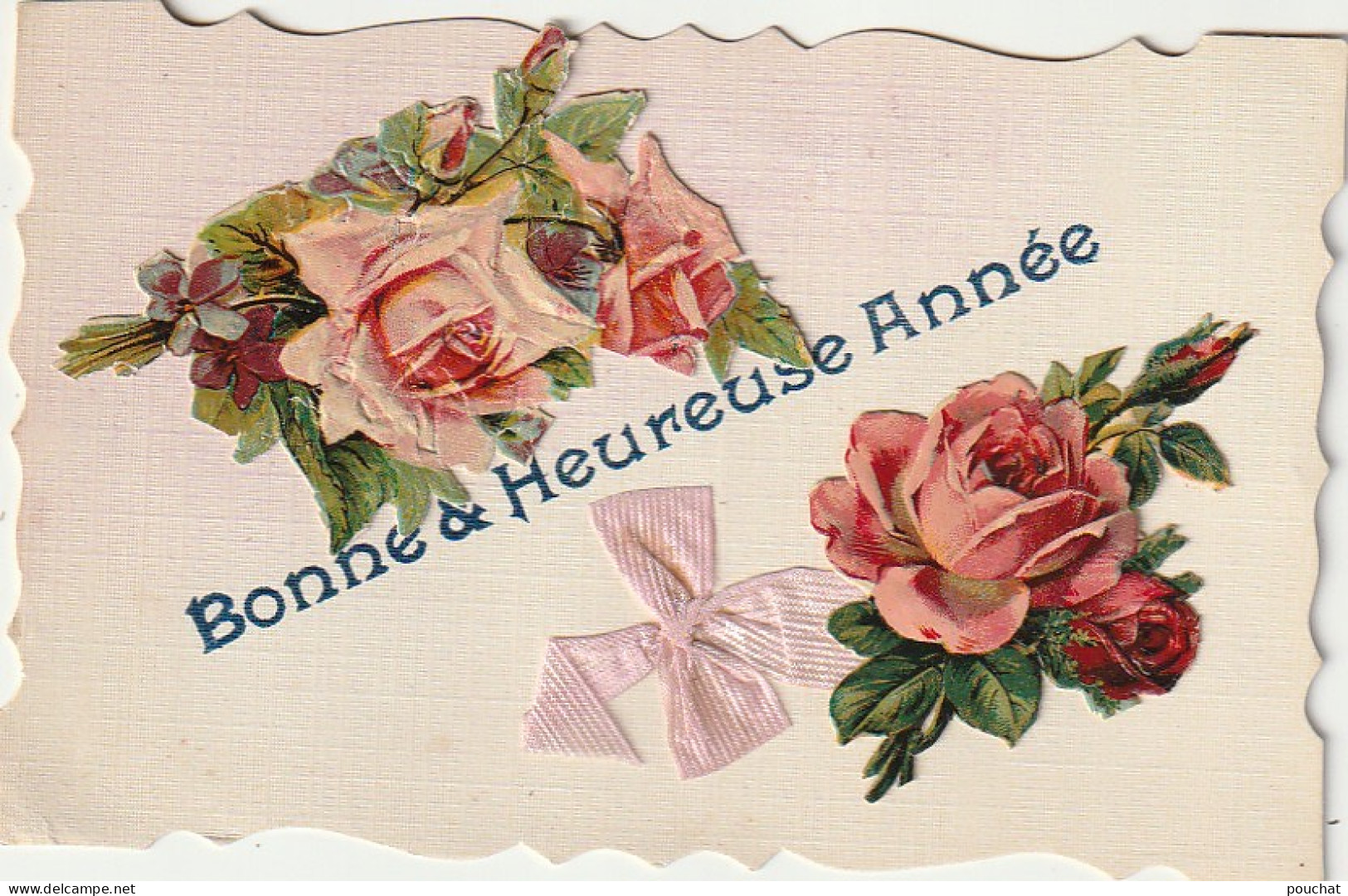 HO 23 - CARTE FANTAISIE  " BONNE ET HEUREUSE ANNEE " -  AJOUT DE CHROMOS DE ROSES ET RUBAN- 2 SCANS - Neujahr