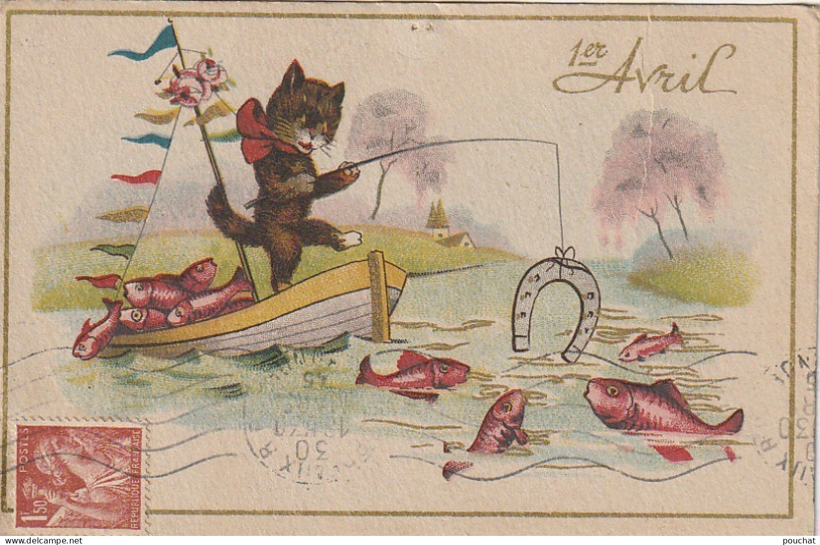 HO 24 - CARTE HUMORISTIQUE  1er AVRIL - CHAT PECHEUR A LA LIGNE ET AU FER A CHEVAL - BARQUE REMPLIE DE POISSONS  - 1 De April (pescado De Abril)