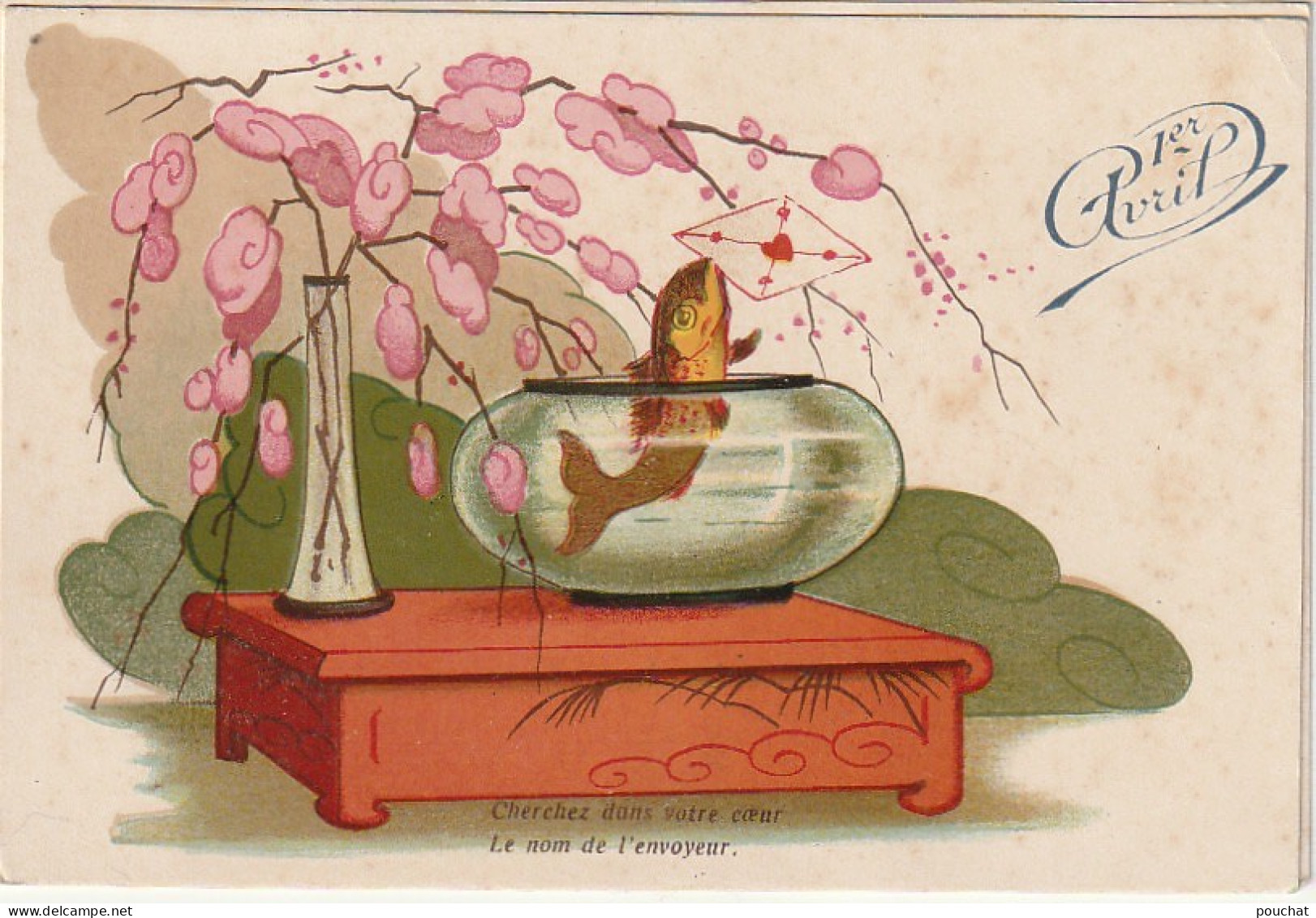 HO 25 - CARTE  FANTAISIE 1er AVRIL " CHERCHEZ DANS VOTRE COEUR " - POISSON DANS BOCAL ET VASE  SUR TABLE JAPONISANT - 1° Aprile (pesce Di Aprile)