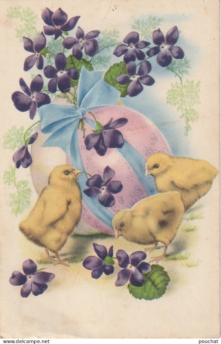 HO 26 -  CARTE FANTAISIE - POUSSINS AVEC VIOLETTES ET OEUF ENRUBANNE - 2 SCANS - Ostern