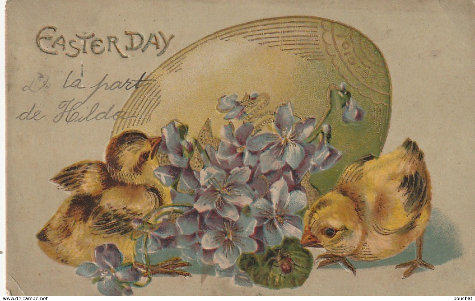 HO 26 - CARTE GAUFREE FANTAISIE  " EASTER DAY " - OEUF ET POUSSINS SUR LIT DE VIOLETTES - 2 SCANS - Ostern