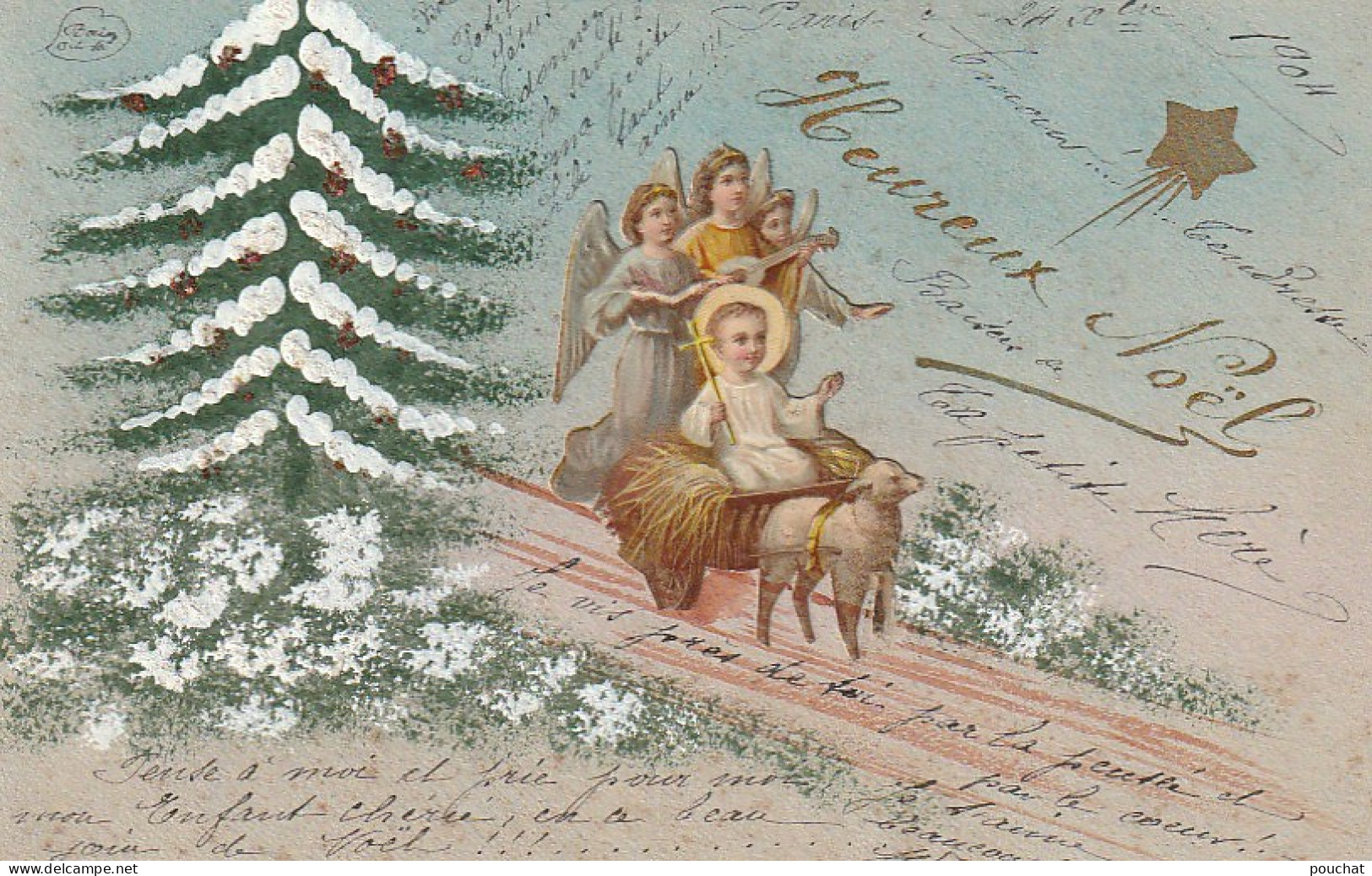 HO 27- CARTE  FANTAISIE  " HEUREUX NOEL " AVEC AJOUT DE CHROMO : ENFANT JESUS ET ANGES - ETOILE DOREE ET BRILLANTS - Sonstige & Ohne Zuordnung