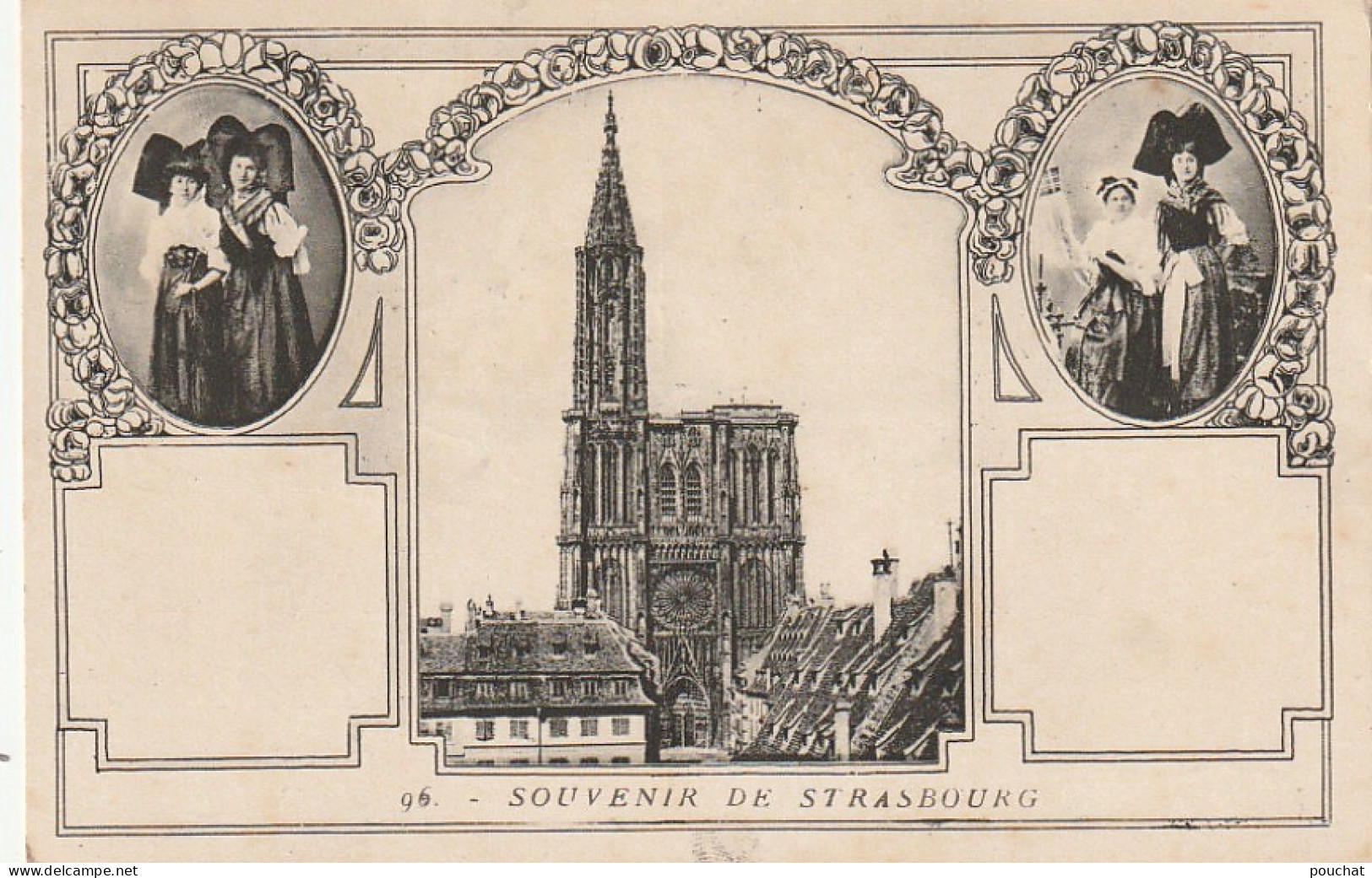 IN 3 - (67) SOUVENIR DE  STRASBOURG  - CATHEDRALE - ALSACIENNES EN COSTUMES -FRISE STYLE ART NOUVEAU , ROSES  2 SCANS  - Straatsburg