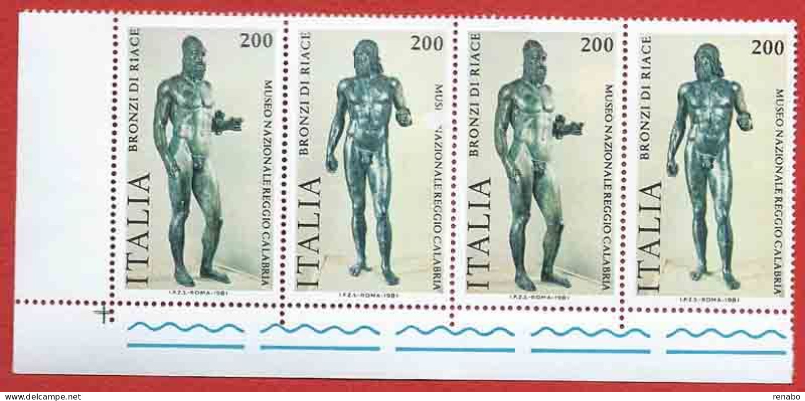 Italia 1981; Bronzi Di Riace. Striscia Di 4 Francobolli Forma 2 Serie Complete. Angolo Inferiore Sinistro - 1981-90: Ungebraucht