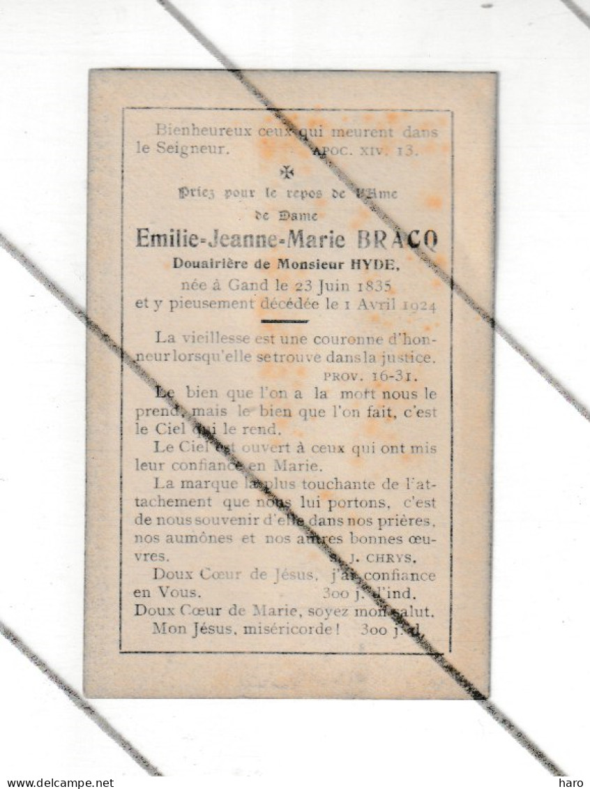 Doodsprentje  Emilie BRACQ Douairière De Mr HYDE - GENT / GAND 1835 / 1924 (B374) - Obituary Notices