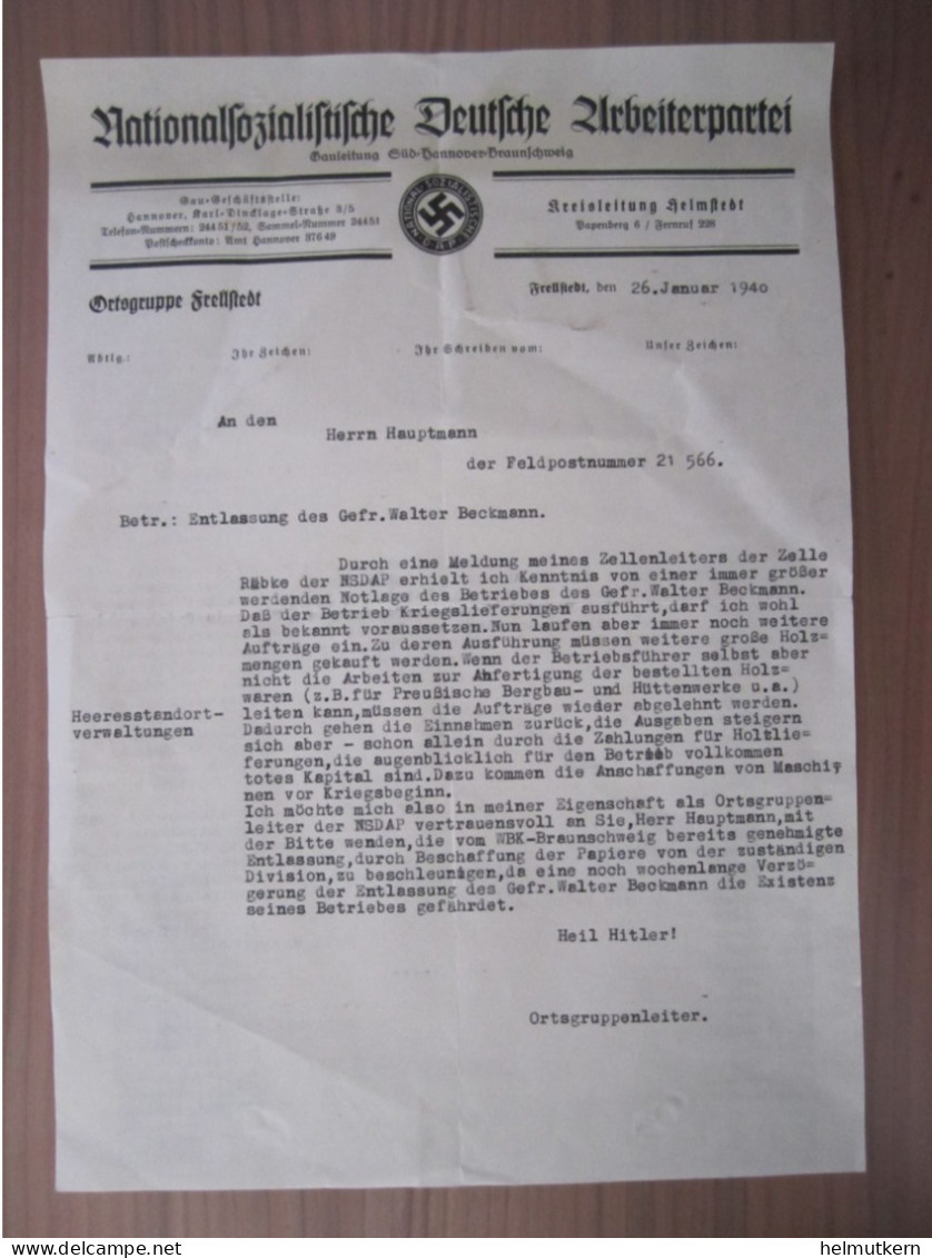 Schreiben Der NSDAP - Ortsgruppe Frellstedt B. Helmstedt - 1940 - Documentos Históricos