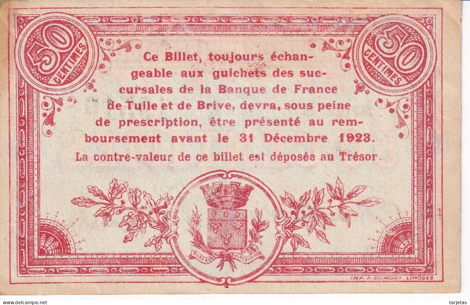 BILLETE DE FRANCIA DE 50 CENTIMES CHAMBRE COMMERCE DE TULLE DEL AÑO 1923 (BANKNOTE) - Chamber Of Commerce