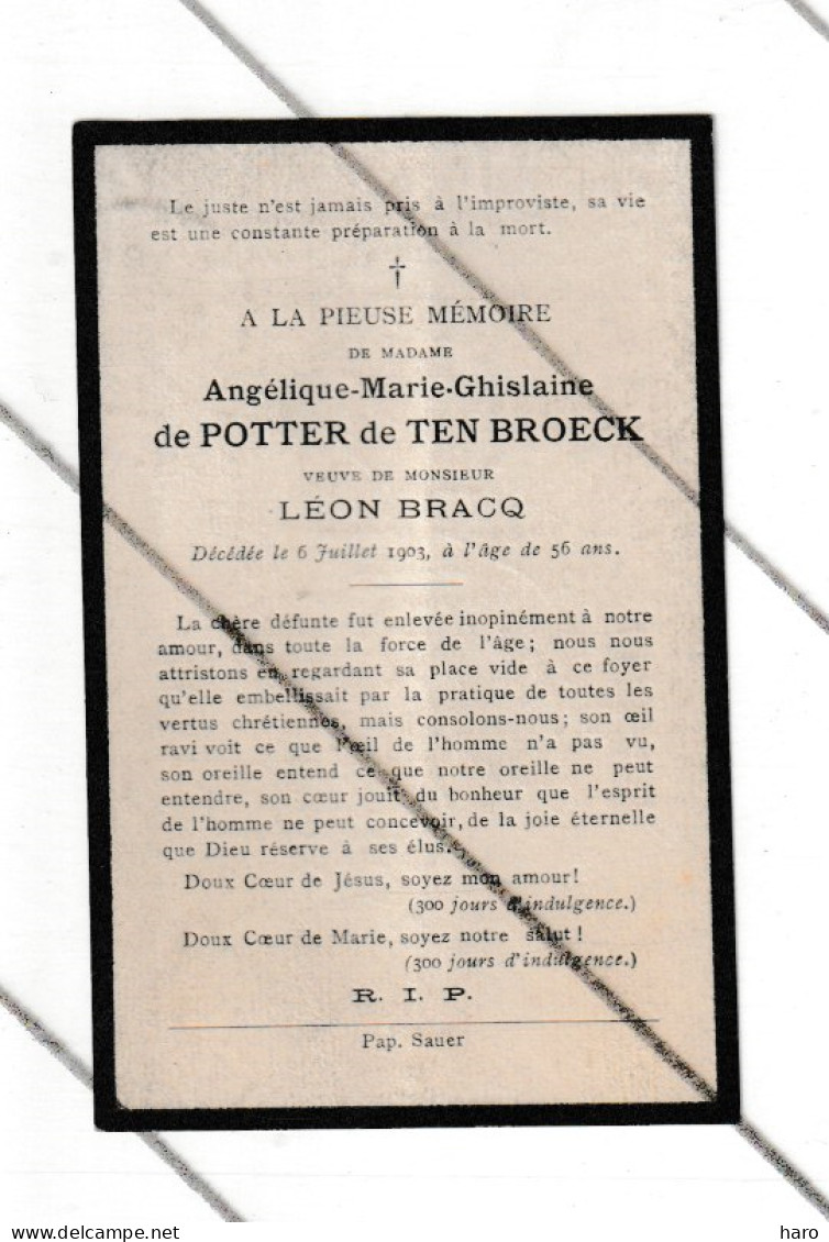 Doodsprentje  Angélique De POTTER De TEN BROECK Veuve De Léon BRACQ- GENT / GAND 1903 (B374) - Obituary Notices