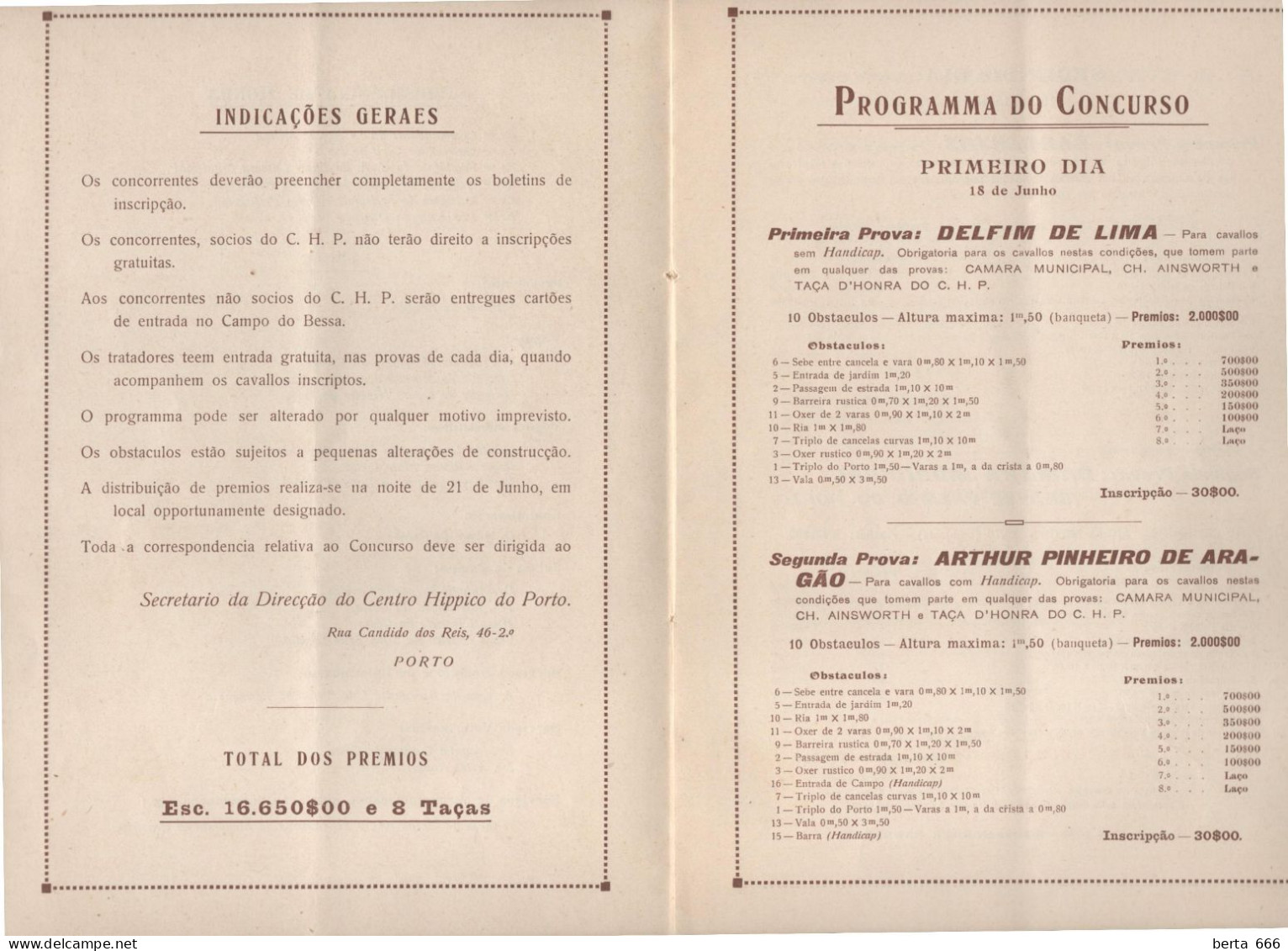 Concurso Internacional Hípico Do Porto * 1931 * Livro Programa * Mapa De Obstáculos - Programme