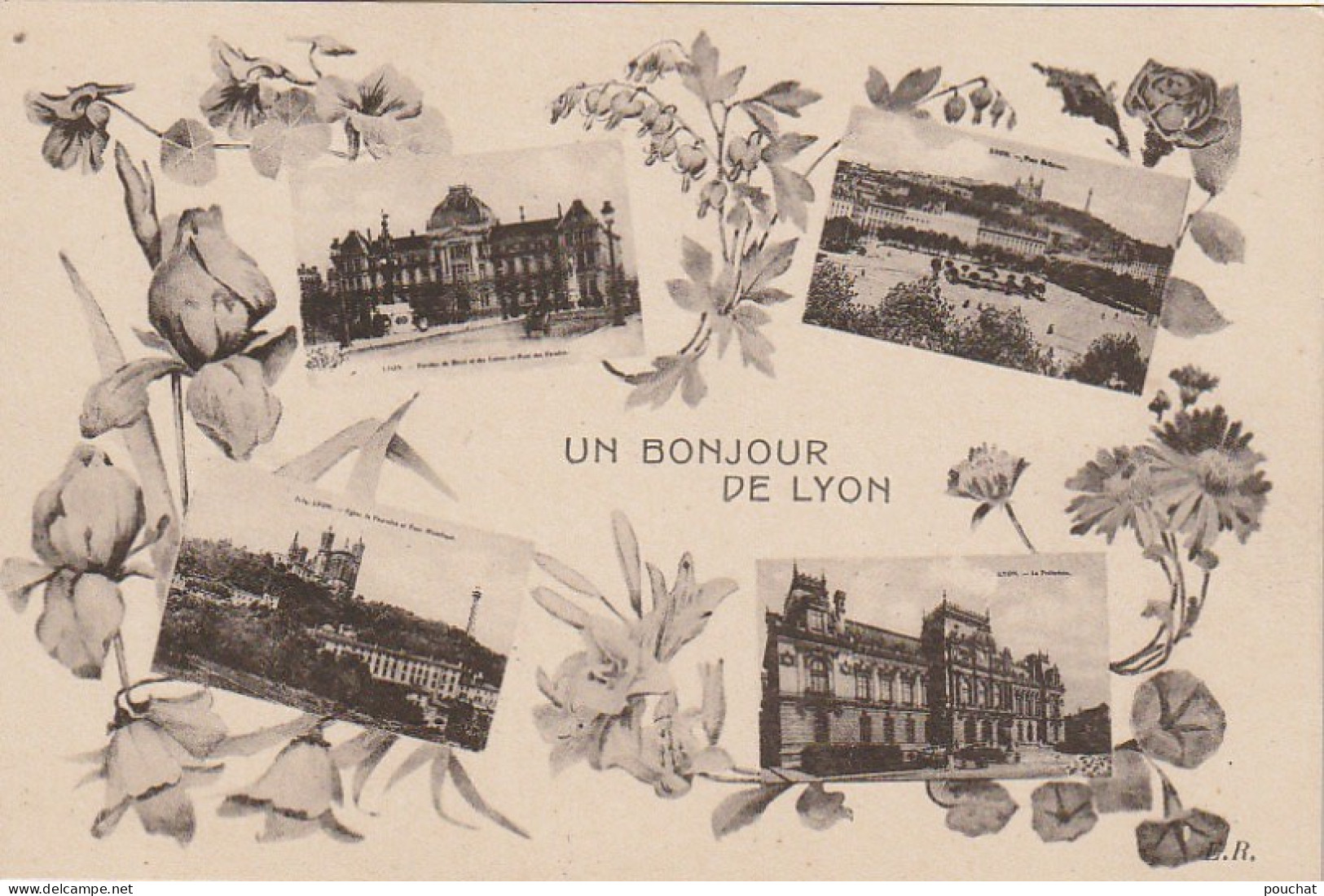 IN 8- (69) UN BONJOUR DE  LYON - CARTE FANTAISIE MULTIVUES AVEC ENCADREMENT DE  FLEURS  - 2 SCANS  - Souvenir De...