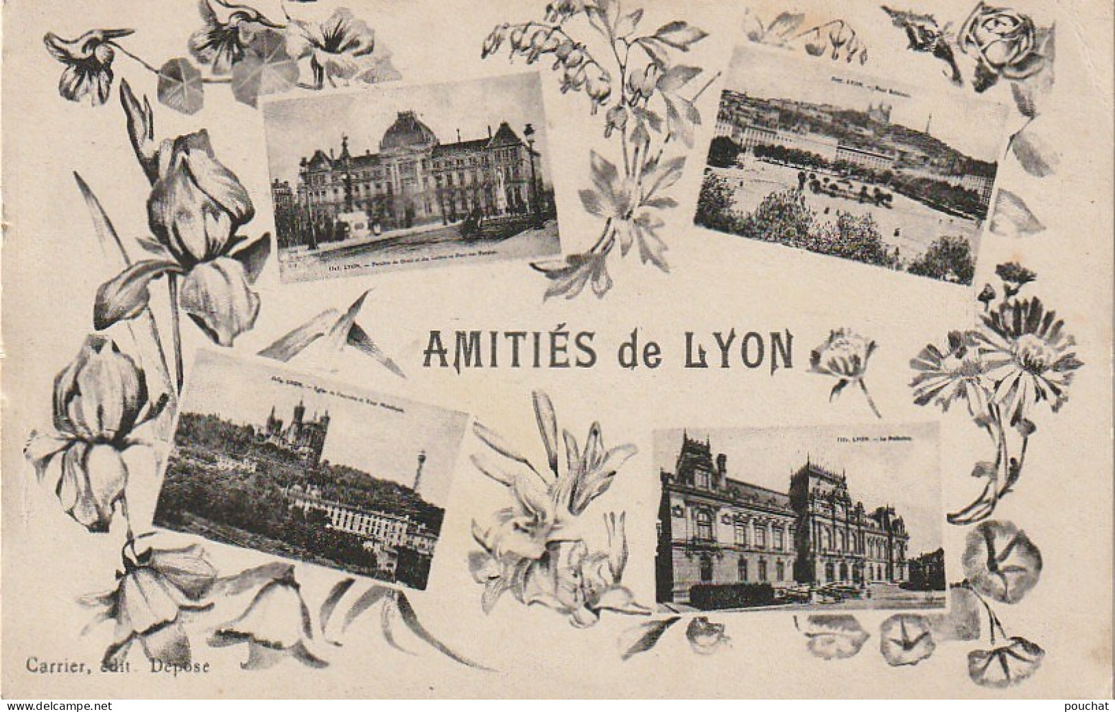 IN 8- (69) AMITIES DE  LYON - CARTE FANTAISIE MULTIVUES AVEC ENCADREMENT DE  FLEURS  - 2 SCANS  - Souvenir De...