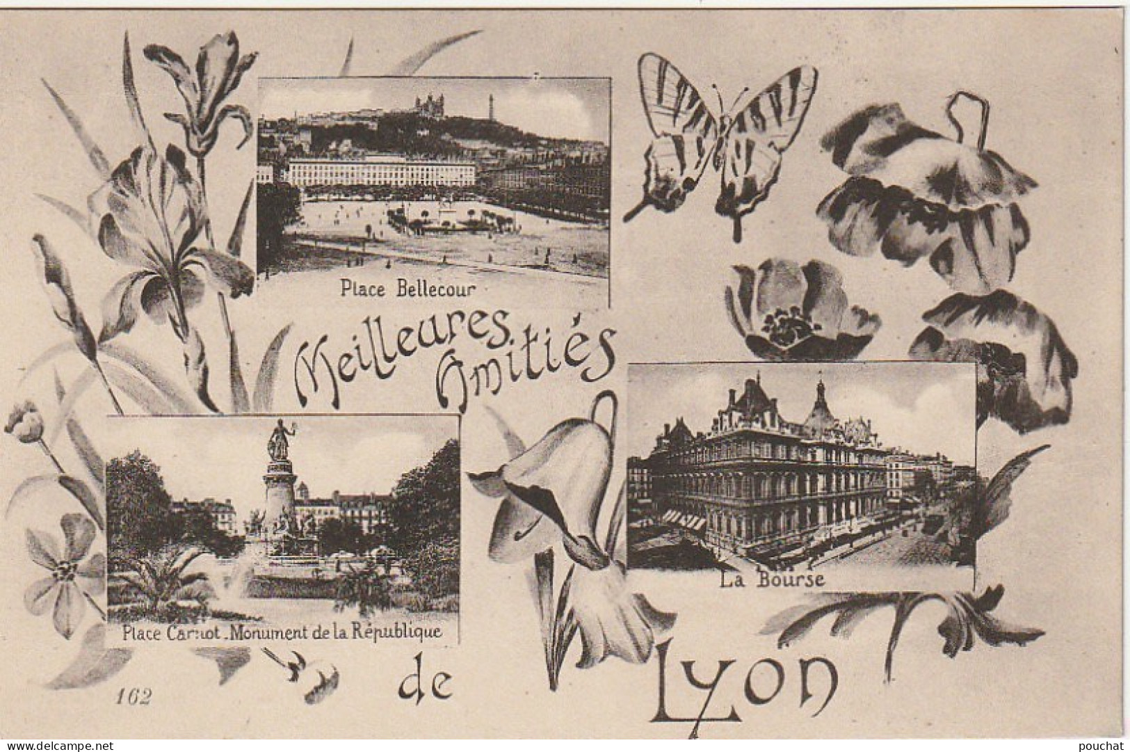 IN 8- (69) MEILLEURES AMITIES DE  LYON - CARTE FANTAISIE MULTIVUES AVEC  FLEURS ET PAPILLON - 2 SCANS  - Gruss Aus.../ Gruesse Aus...