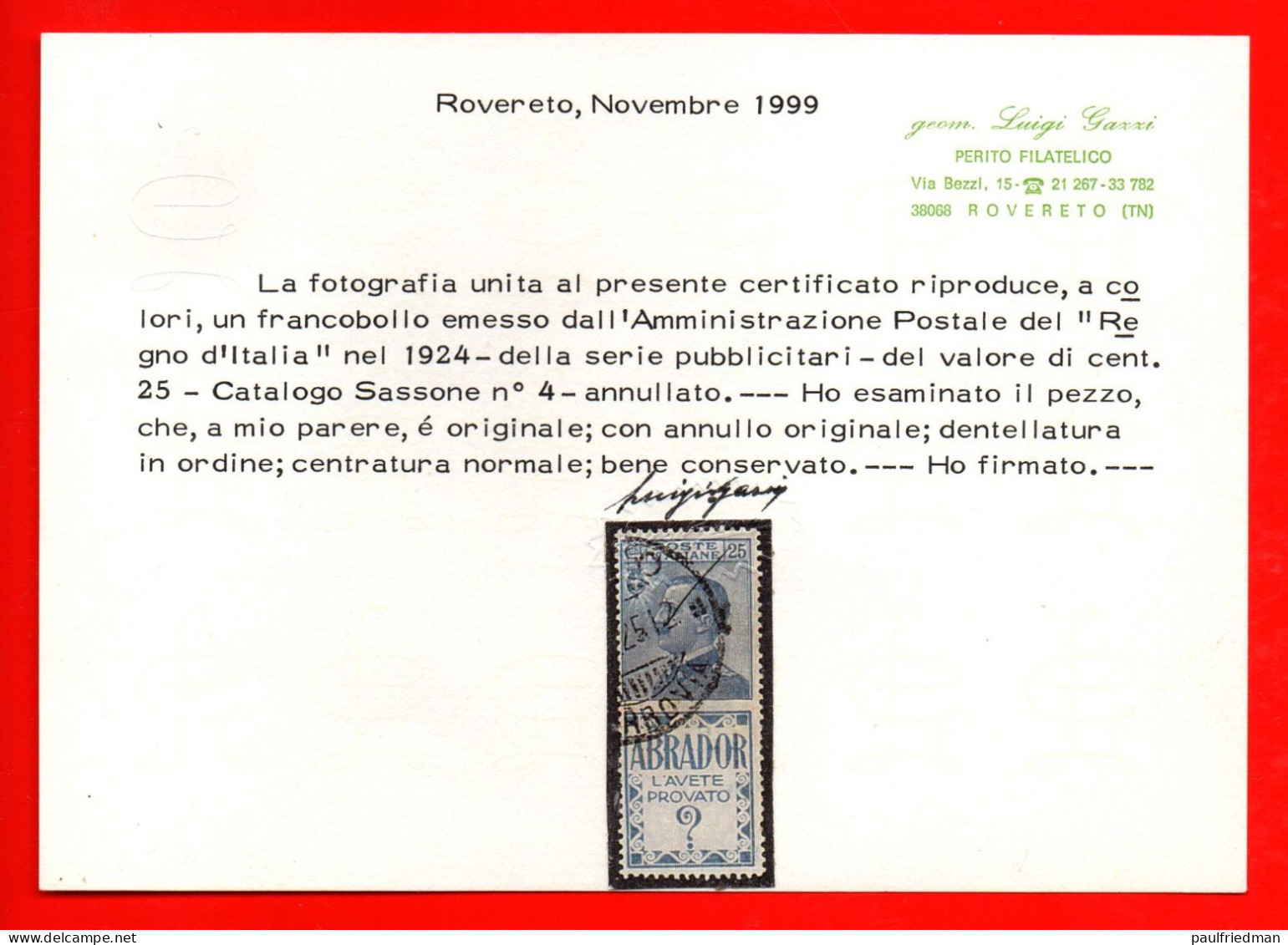 Regno 1924 - Pubblicitari - Abrador 25 Cent. - Usato - Certificato - Publicity