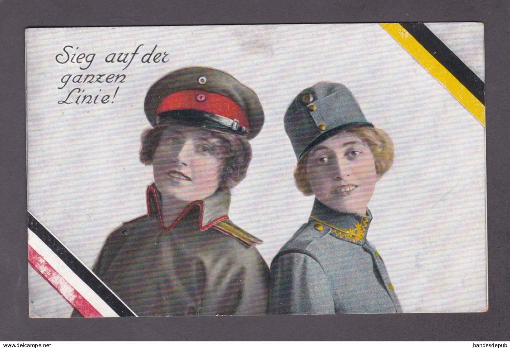 Guerre 14-18 Carte Patriotique Patriotika Sieg Au Der Ganzen Linie Femme Uniforme Militaire Allemand Départ Bitche - Guerre 1914-18