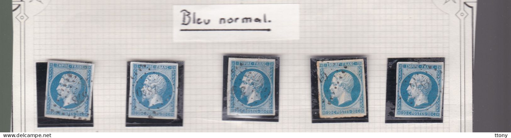 21 Timbres   N° 14   Napoléon III  Oblitérés    Nuances    De Bleu  Foncé  Laiteux Noir  Azuré - 1853-1860 Napoleone III