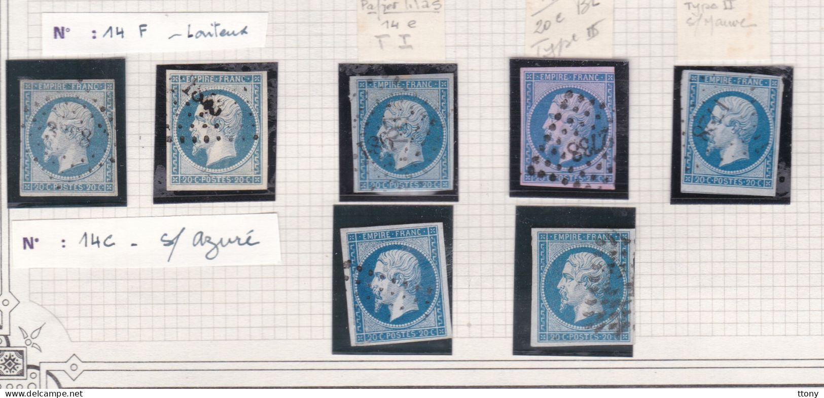 21 Timbres   N° 14   Napoléon III  Oblitérés    Nuances    De Bleu  Foncé  Laiteux Noir  Azuré - 1853-1860 Napoléon III