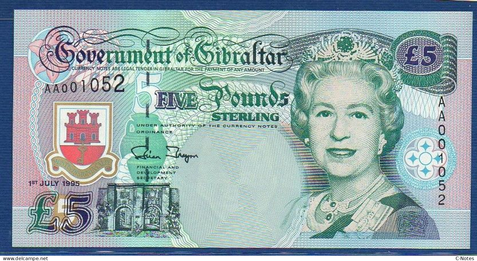 GIBRALTAR - P.25 – 5 Pounds 1995 UNC, S/n A001052 Low Serial - Gibraltar